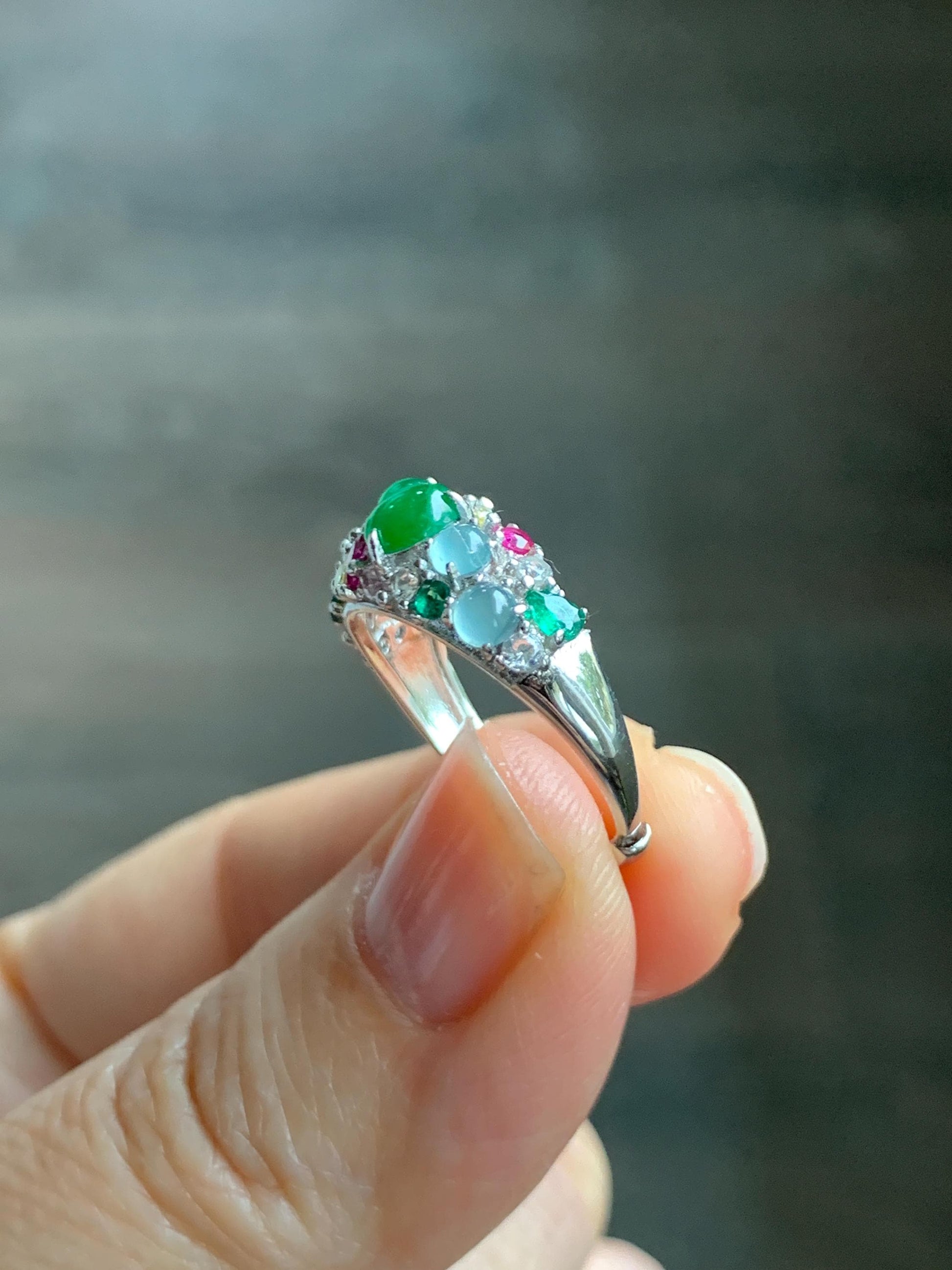 Natural Grade A Guatemalan Icy Translucent Vibrant Green Jade Jadeite Gourd Hulu Band Ring Sterling Silver Size 7 天然冰危绿翡翠花开富贵银镶戒指 HKFL98B