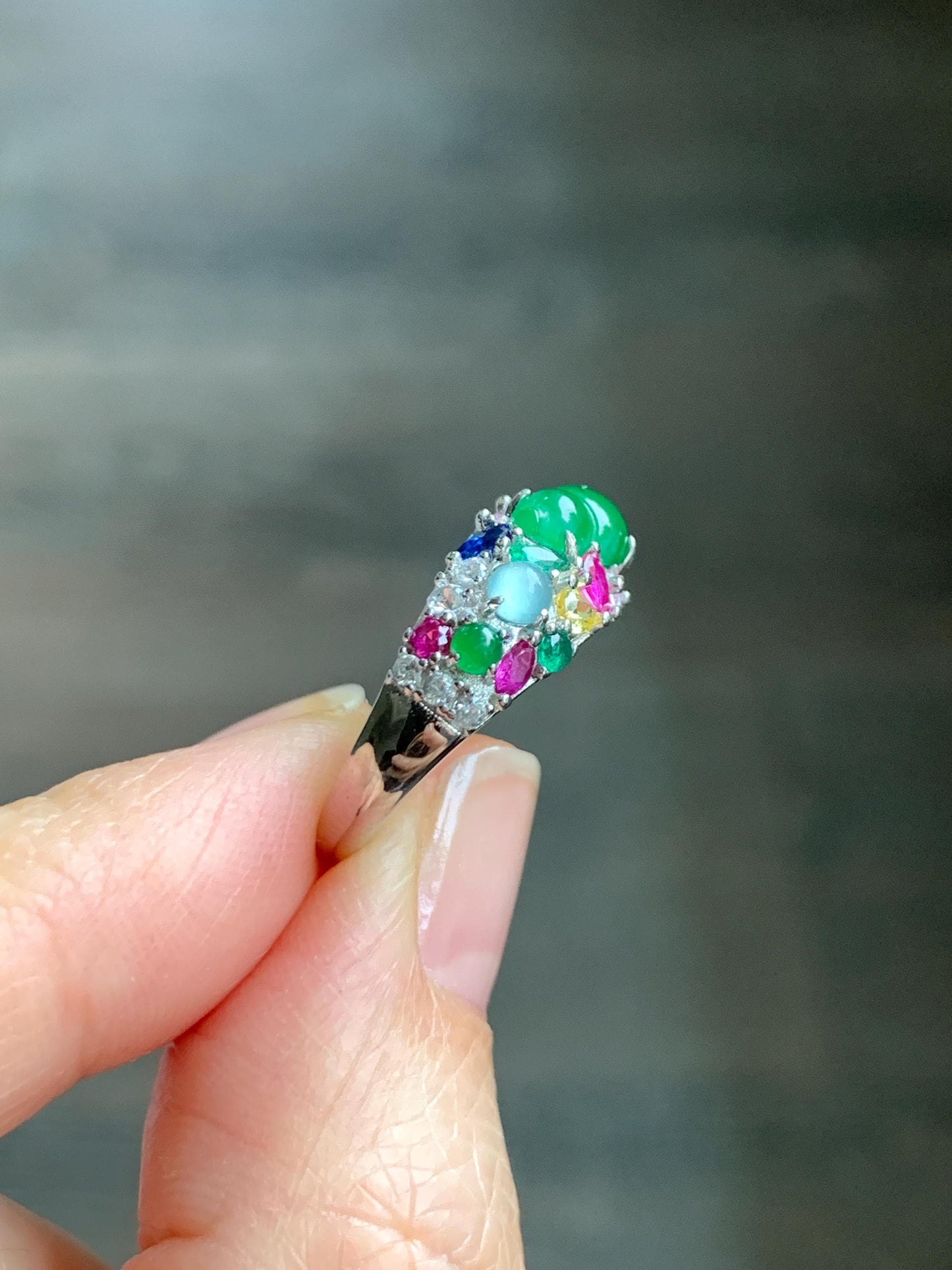 Natural Grade A Guatemalan Icy Translucent Vibrant Green Jade Jadeite Gourd Hulu Band Ring Sterling Silver Size 7 天然冰危绿翡翠花开富贵银镶戒指 HKFL98B