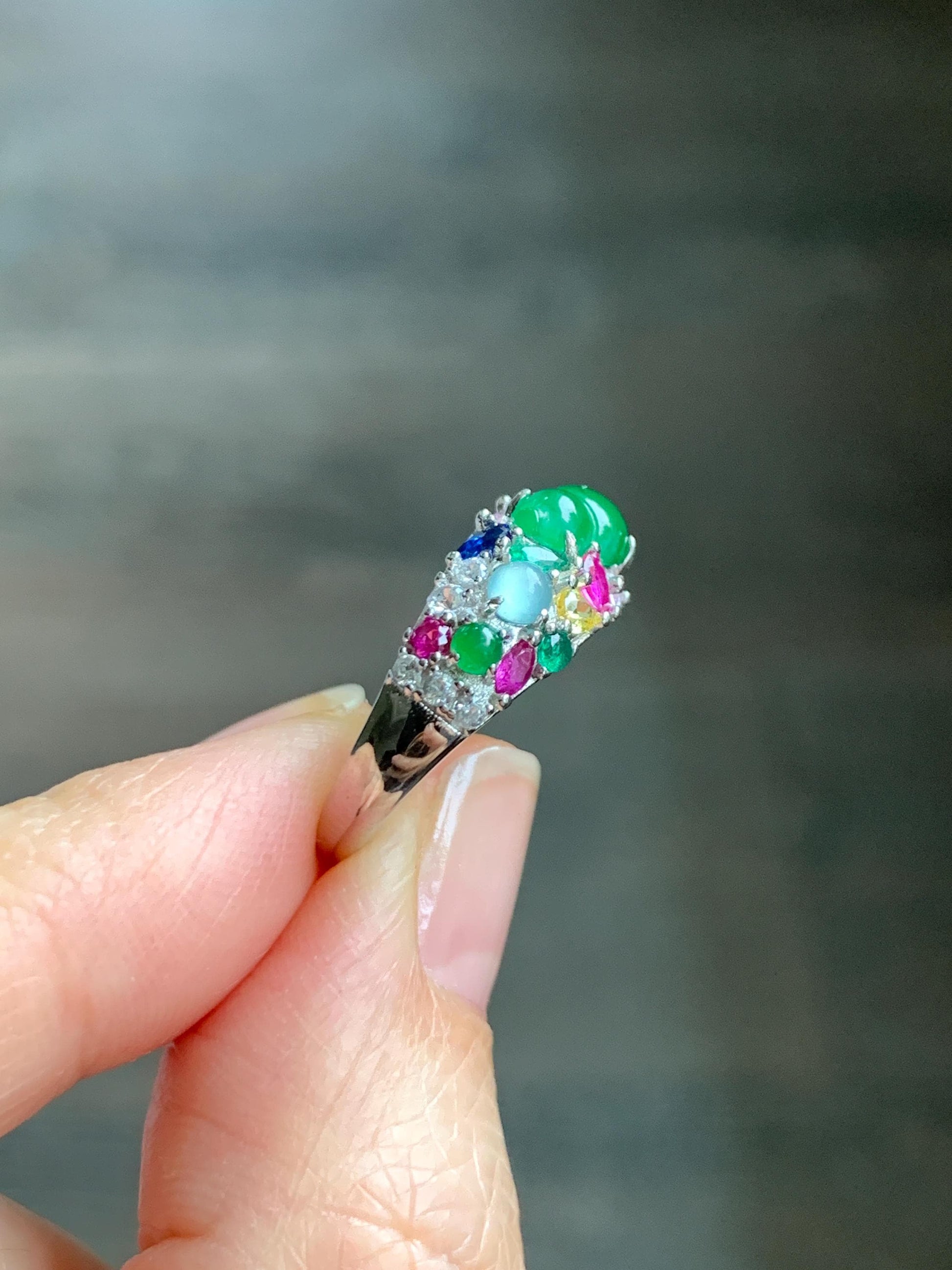 Natural Grade A Guatemalan Icy Translucent Vibrant Green Jade Jadeite Gourd Hulu Band Ring Sterling Silver Size 7 天然冰危绿翡翠花开富贵银镶戒指 HKFL98B