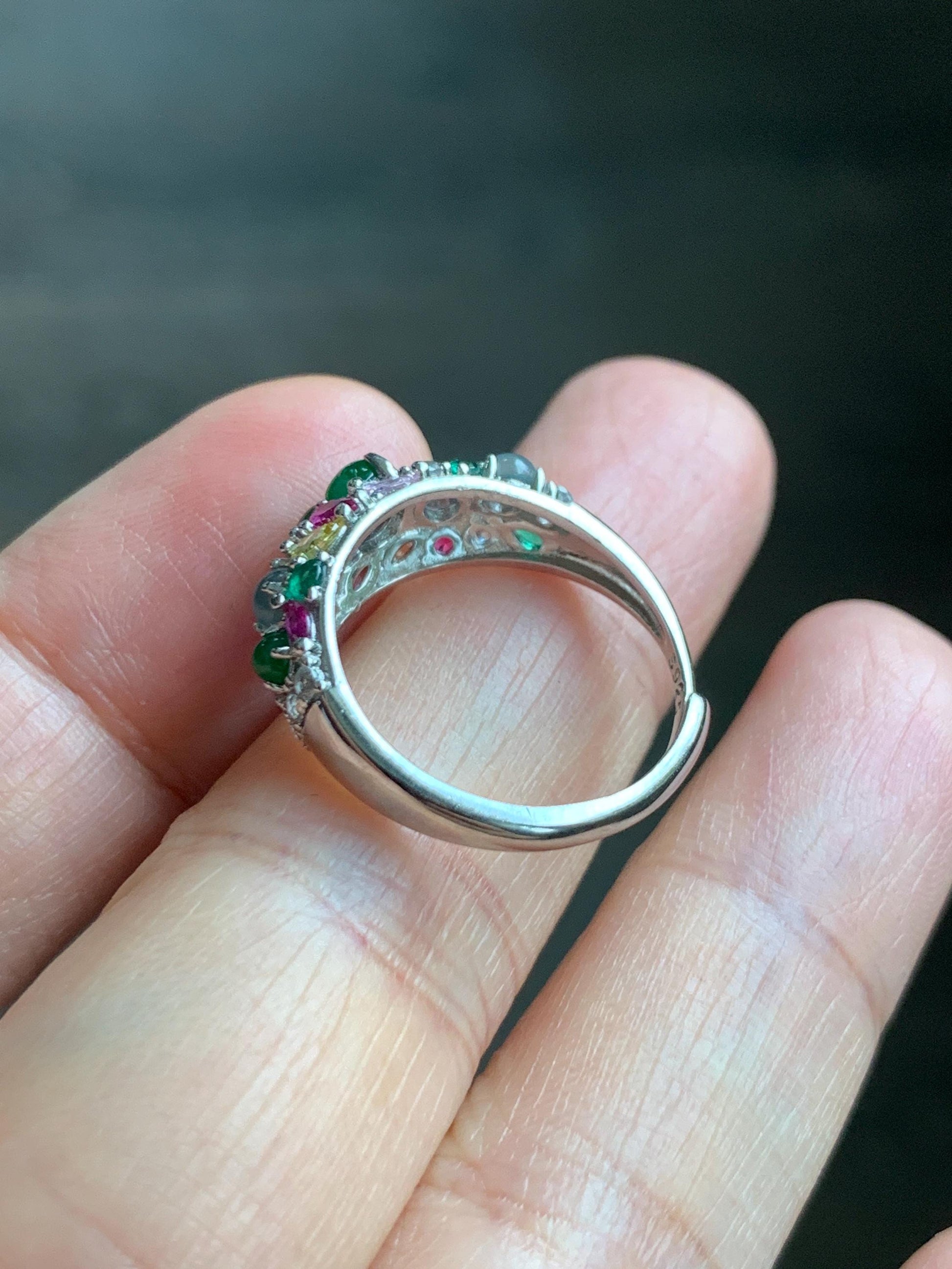 Natural Grade A Guatemalan Icy Translucent Vibrant Green Jade Jadeite Gourd Hulu Band Ring Sterling Silver Size 7 天然冰危绿翡翠花开富贵银镶戒指 HKFL98B