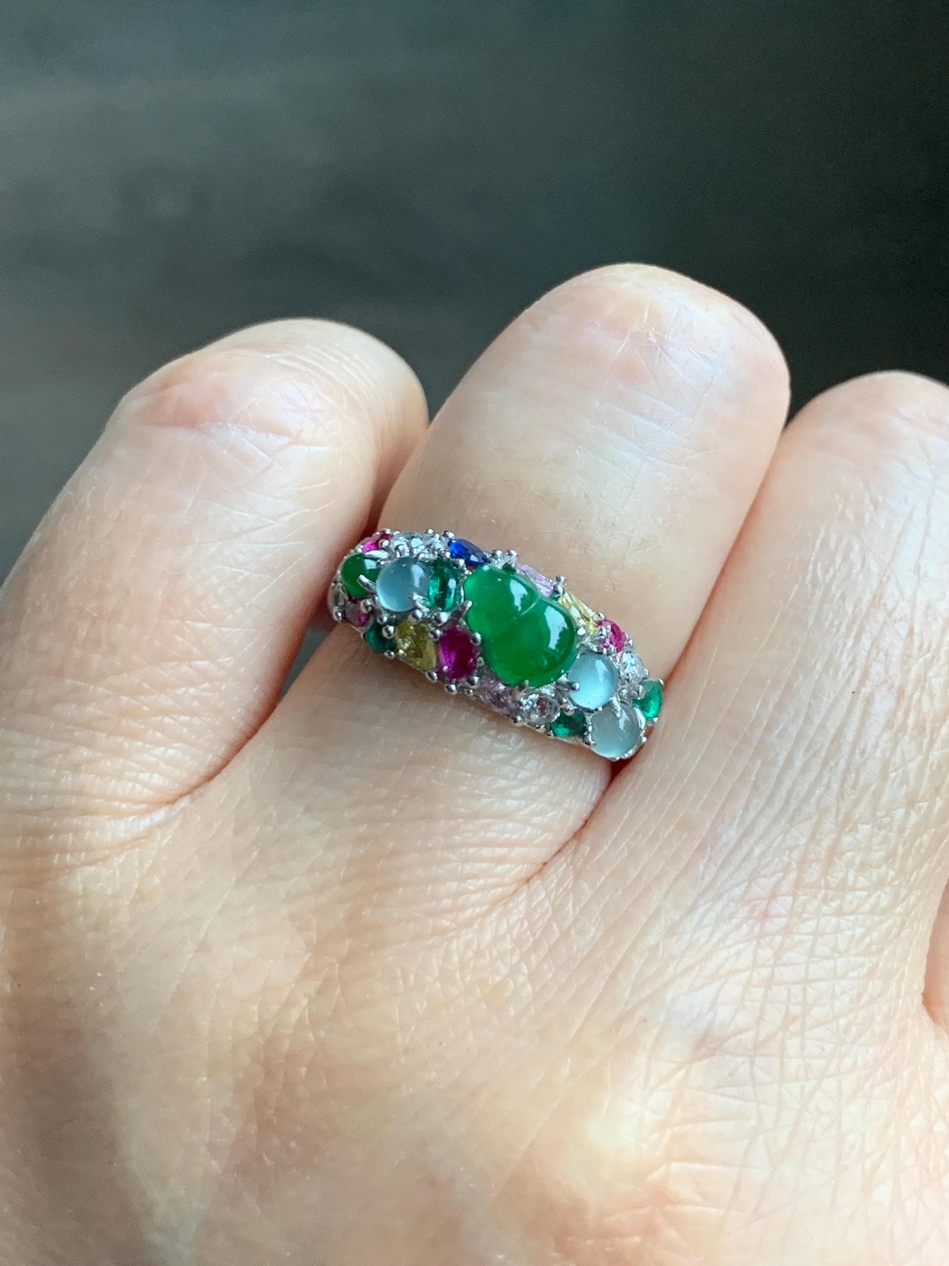 Natural Grade A Guatemalan Icy Translucent Vibrant Green Jade Jadeite Gourd Hulu Band Ring Sterling Silver Size 7 天然冰危绿翡翠花开富贵银镶戒指 HKFL98B