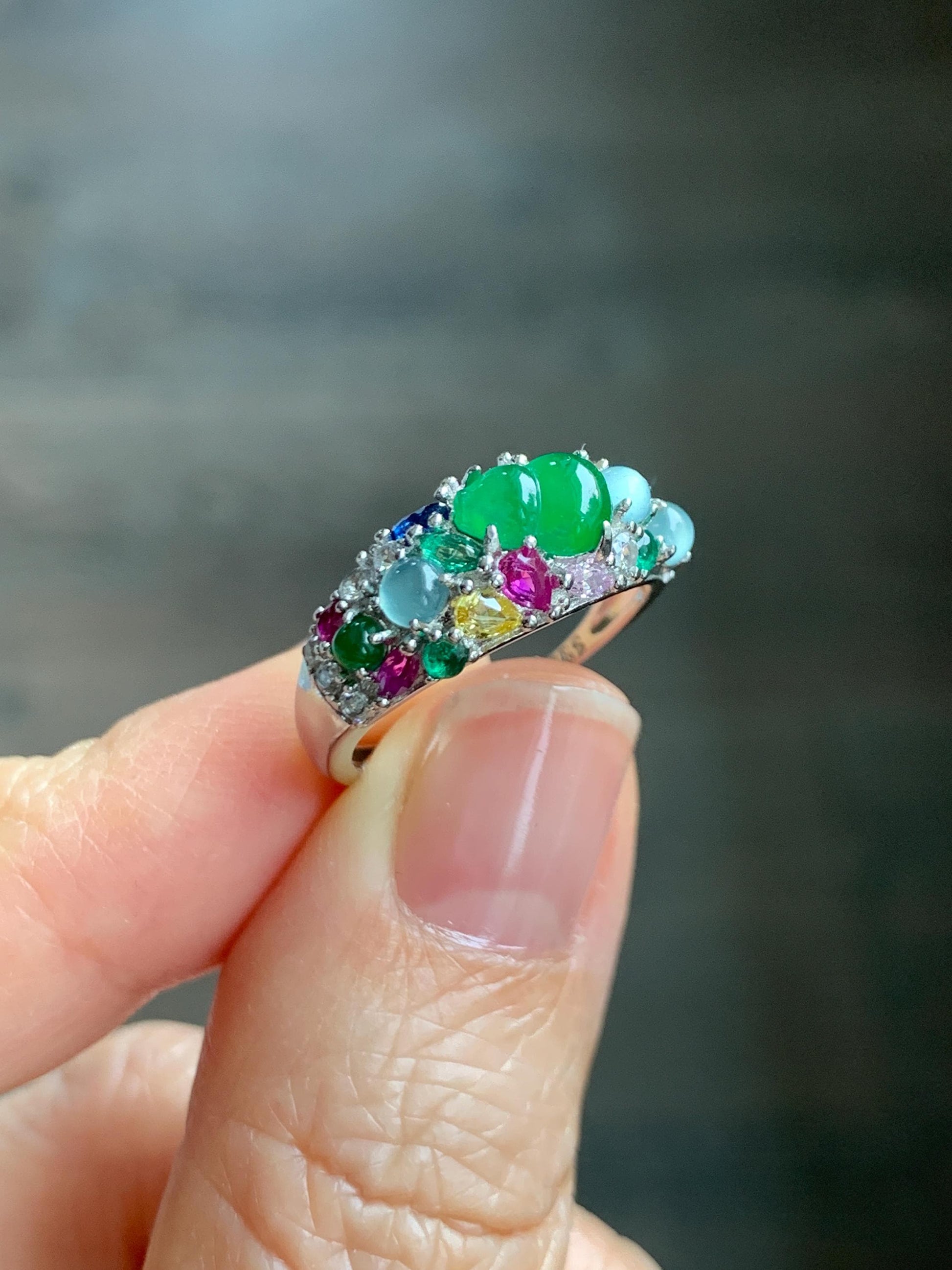Natural Grade A Guatemalan Icy Translucent Vibrant Green Jade Jadeite Gourd Hulu Band Ring Sterling Silver Size 7 天然冰危绿翡翠花开富贵银镶戒指 HKFL98B