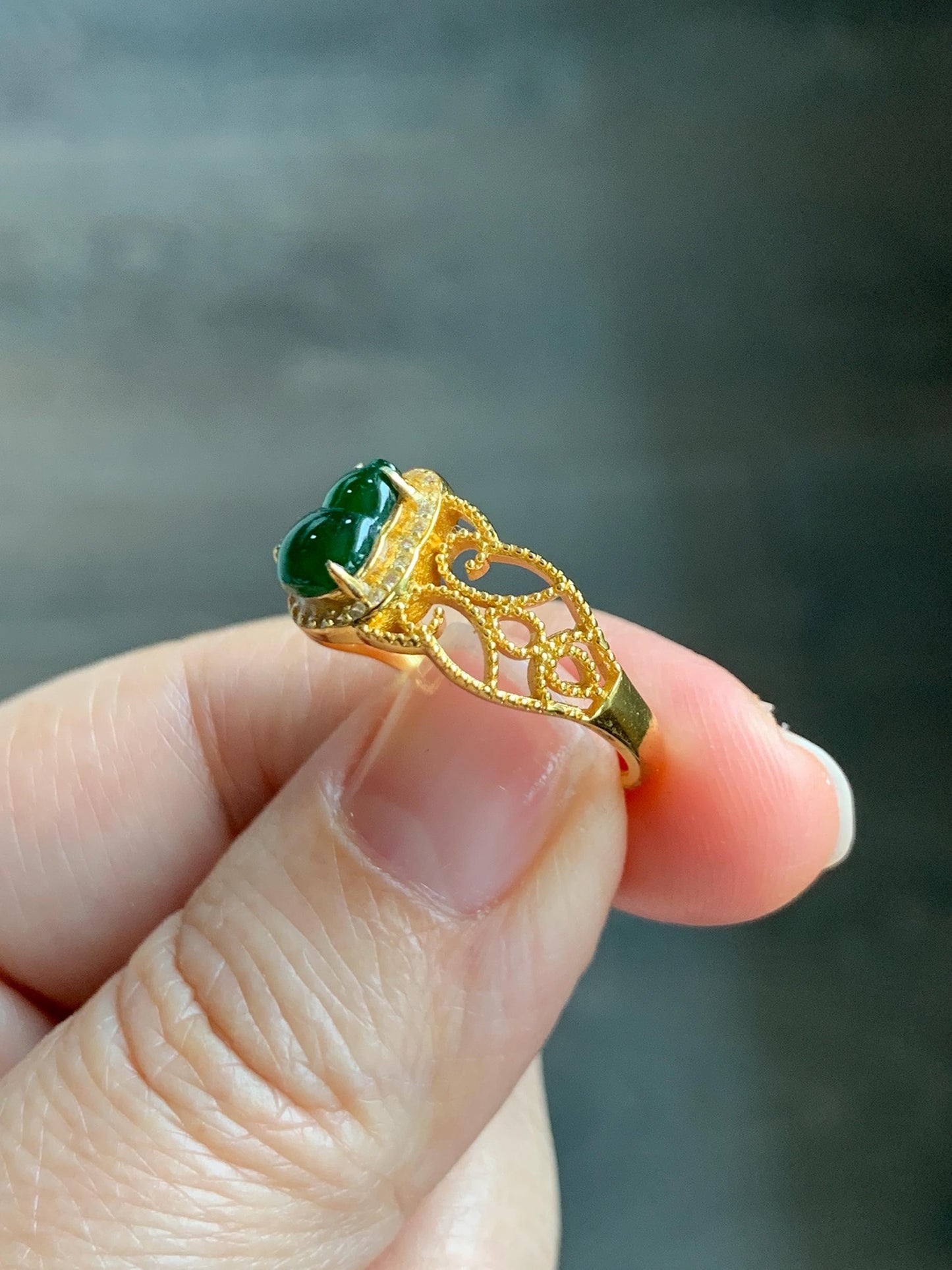 Natural Grade A Guatemalan Icy Translucent Vibrant Green Jade Jadeite Hulu Gourd Ring Sterling Silver Yellow Gold size 7 天然冰危绿翡翠葫芦银镶戒指WHL132