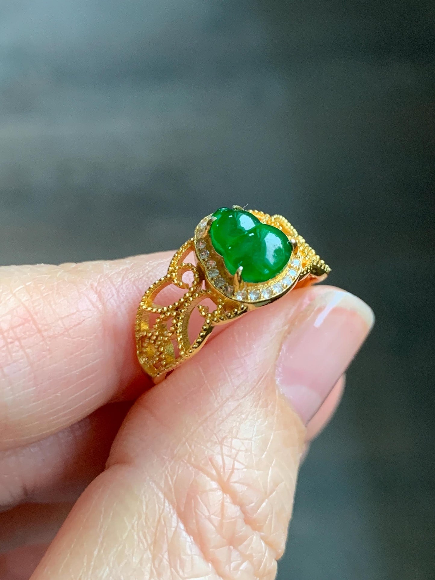 Natural Grade A Guatemalan Icy Translucent Vibrant Green Jade Jadeite Hulu Gourd Ring Sterling Silver Yellow Gold size 7 天然冰危绿翡翠葫芦银镶戒指WHL132