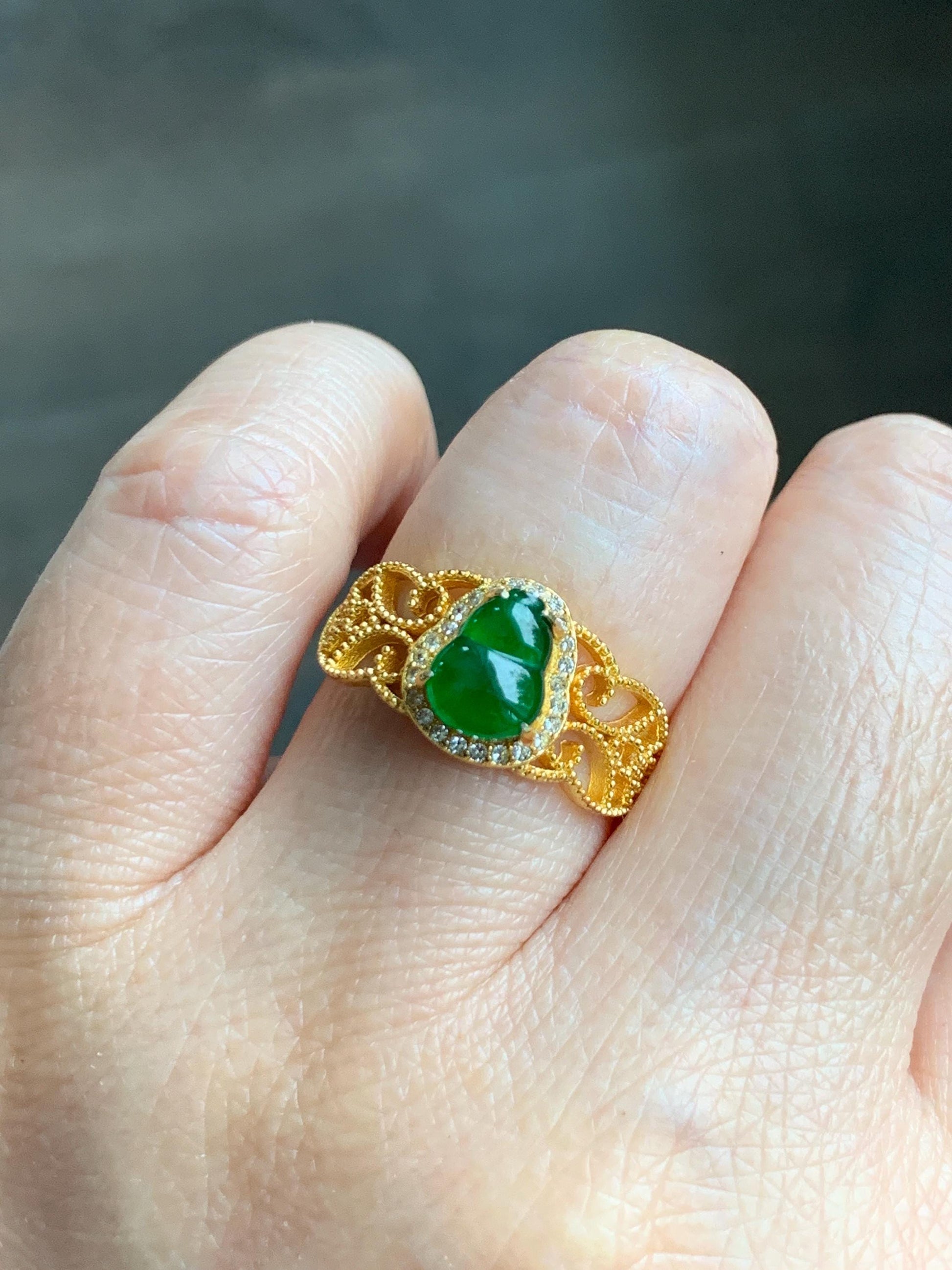 Natural Grade A Guatemalan Icy Translucent Vibrant Green Jade Jadeite Hulu Gourd Ring Sterling Silver Yellow Gold size 7 天然冰危绿翡翠葫芦银镶戒指WHL132