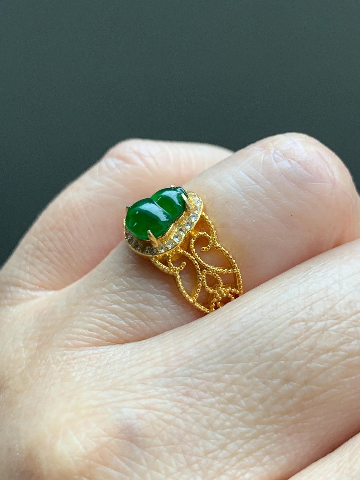 Natural Grade A Guatemalan Icy Translucent Vibrant Green Jade Jadeite Hulu Gourd Ring Sterling Silver Yellow Gold size 7 天然冰危绿翡翠葫芦银镶戒指WHL132