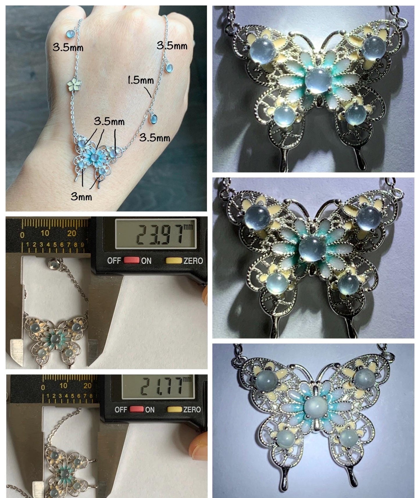Natural Grade A Guatemalan Icy Translucent Pastel Blue Jade Jadeite Butterfly Pendant Enamel Necklace Sterling Silver 天然冰危蓝翡翠银镶蝴蝶烤漆套链 DLH168