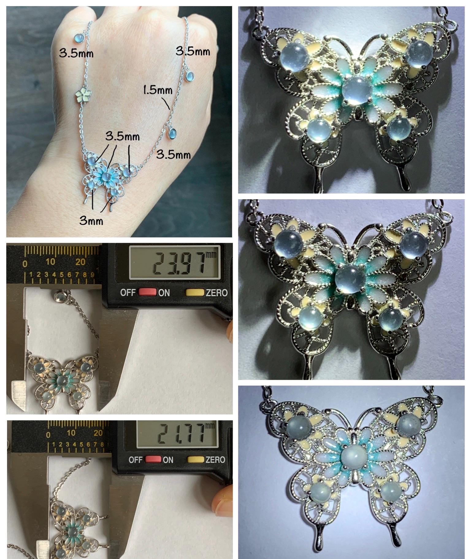 Natural Grade A Guatemalan Icy Translucent Pastel Blue Jade Jadeite Butterfly Pendant Enamel Necklace Sterling Silver 天然冰危蓝翡翠银镶蝴蝶烤漆套链 DLH168