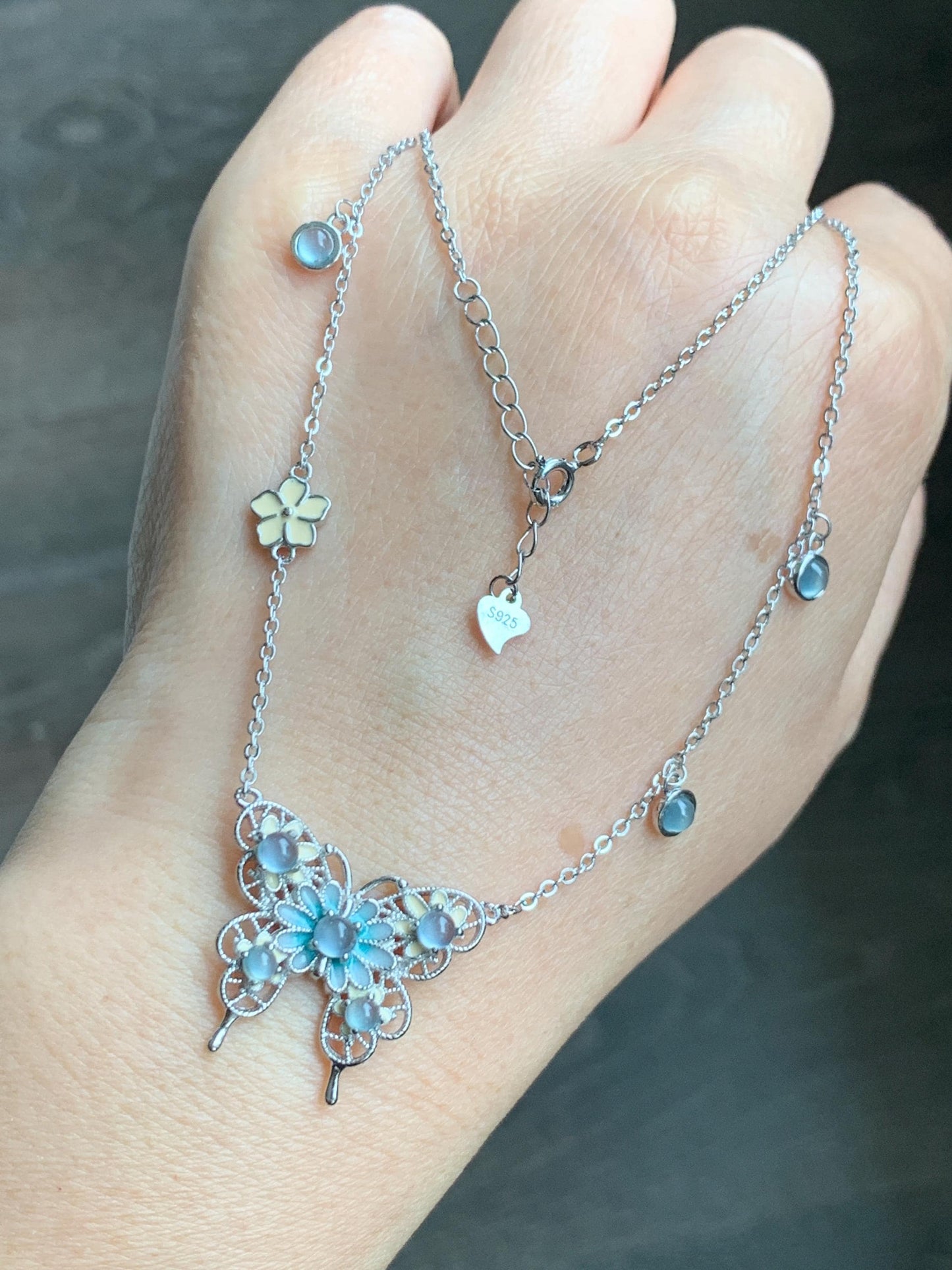 Natural Grade A Guatemalan Icy Translucent Pastel Blue Jade Jadeite Butterfly Pendant Enamel Necklace Sterling Silver 天然冰危蓝翡翠银镶蝴蝶烤漆套链 DLH168