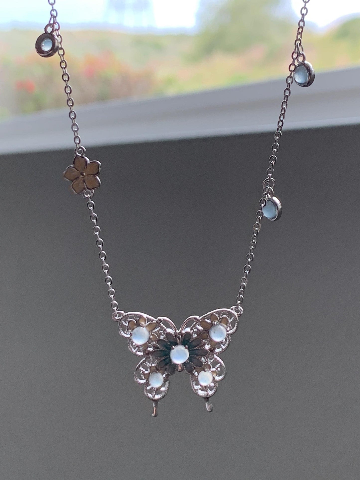 Natural Grade A Guatemalan Icy Translucent Pastel Blue Jade Jadeite Butterfly Pendant Enamel Necklace Sterling Silver 天然冰危蓝翡翠银镶蝴蝶烤漆套链 DLH168