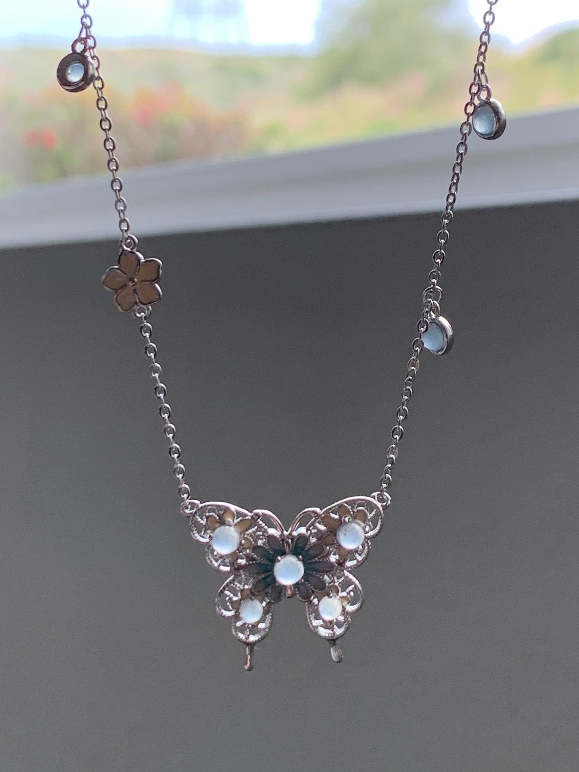 Natural Grade A Guatemalan Icy Translucent Pastel Blue Jade Jadeite Butterfly Pendant Enamel Necklace Sterling Silver 天然冰危蓝翡翠银镶蝴蝶烤漆套链 DLH168