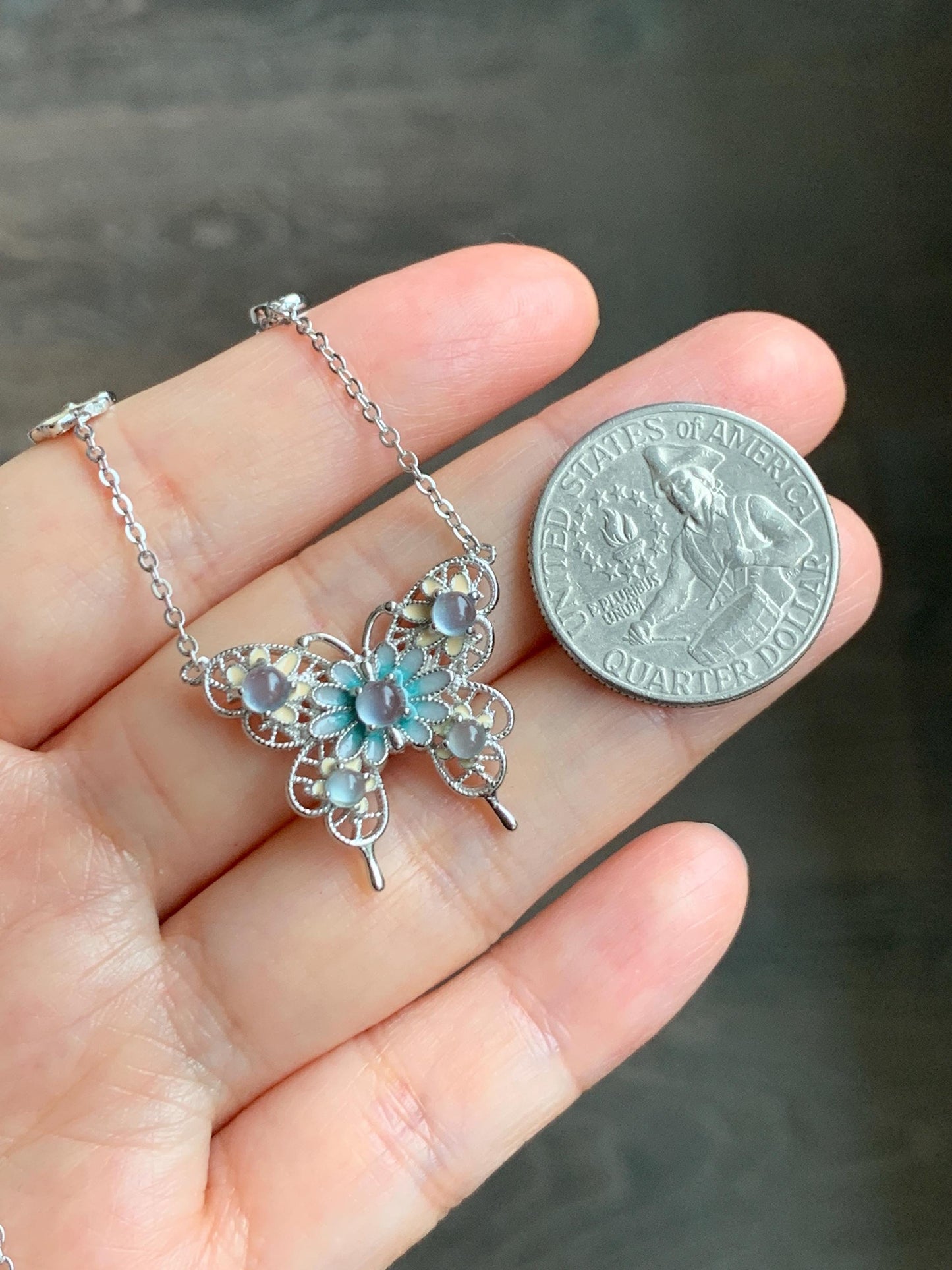 Natural Grade A Guatemalan Icy Translucent Pastel Blue Jade Jadeite Butterfly Pendant Enamel Necklace Sterling Silver 天然冰危蓝翡翠银镶蝴蝶烤漆套链 DLH168