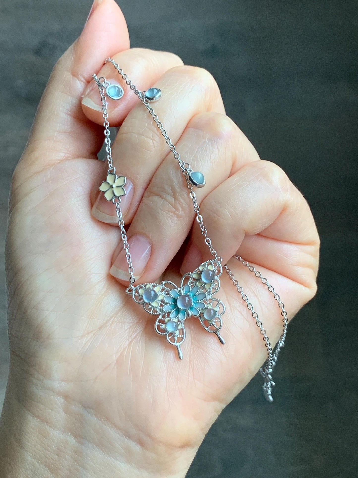 Natural Grade A Guatemalan Icy Translucent Pastel Blue Jade Jadeite Butterfly Pendant Enamel Necklace Sterling Silver 天然冰危蓝翡翠银镶蝴蝶烤漆套链 DLH168