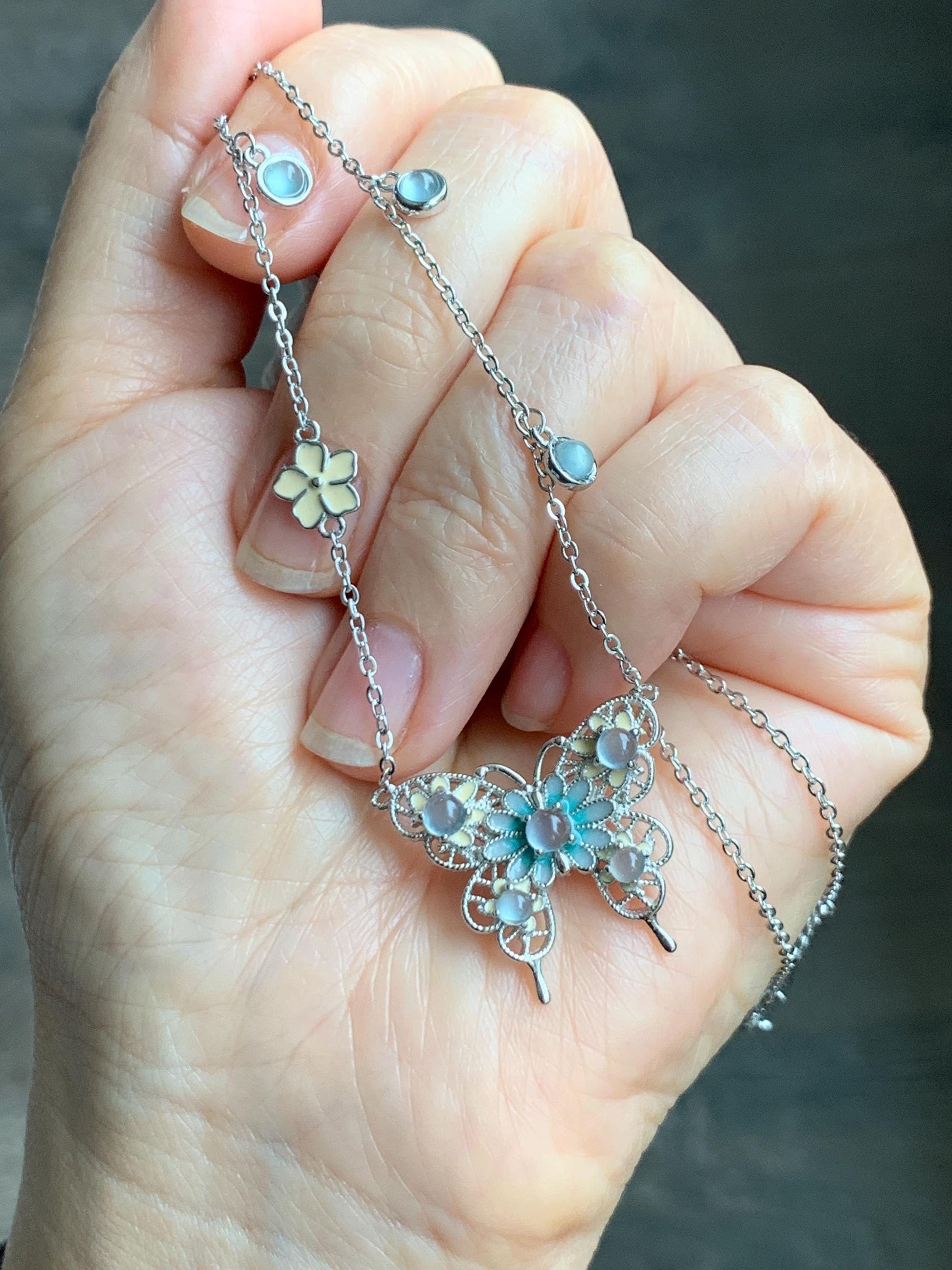 Natural Grade A Guatemalan Icy Translucent Pastel Blue Jade Jadeite Butterfly Pendant Enamel Necklace Sterling Silver 天然冰危蓝翡翠银镶蝴蝶烤漆套链 DLH168