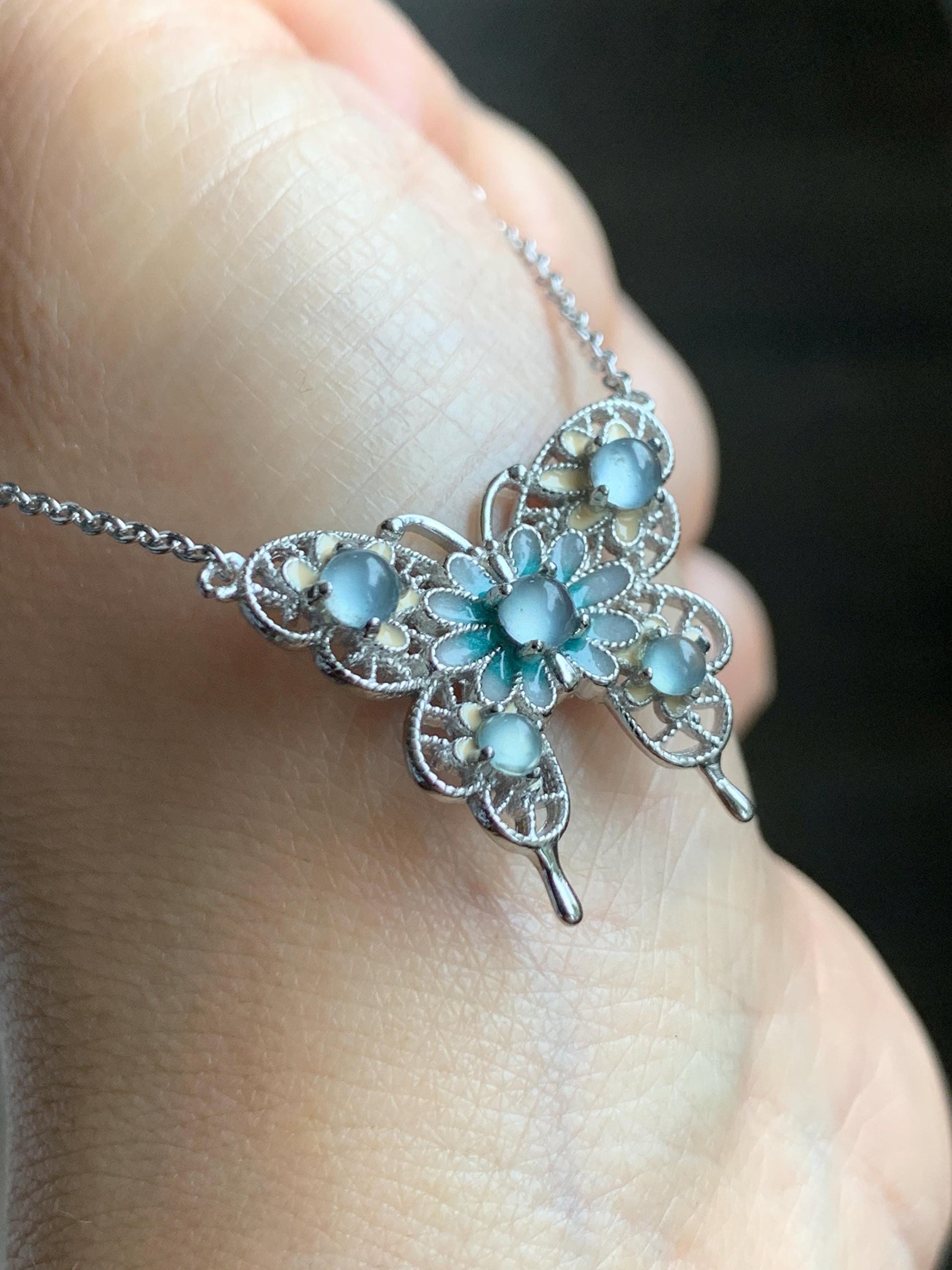 Natural Grade A Guatemalan Icy Translucent Pastel Blue Jade Jadeite Butterfly Pendant Enamel Necklace Sterling Silver 天然冰危蓝翡翠银镶蝴蝶烤漆套链 DLH168