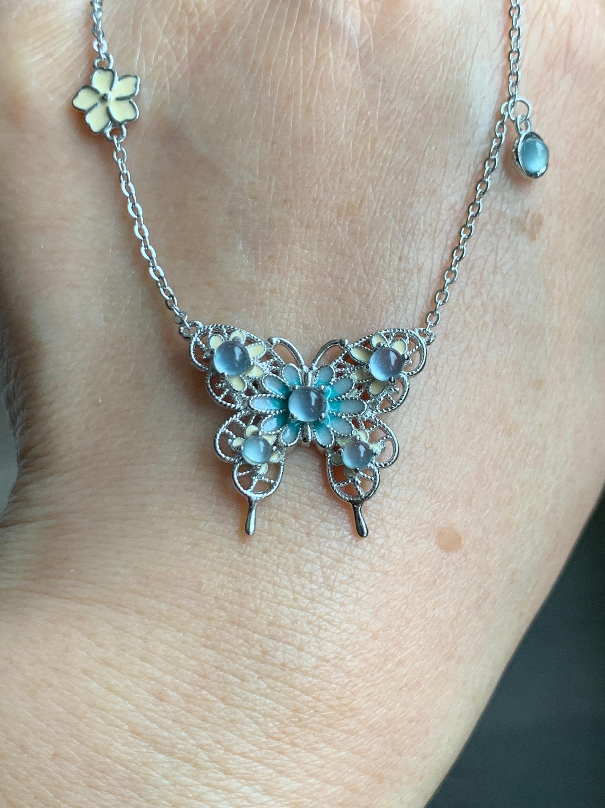 Natural Grade A Guatemalan Icy Translucent Pastel Blue Jade Jadeite Butterfly Pendant Enamel Necklace Sterling Silver 天然冰危蓝翡翠银镶蝴蝶烤漆套链 DLH168