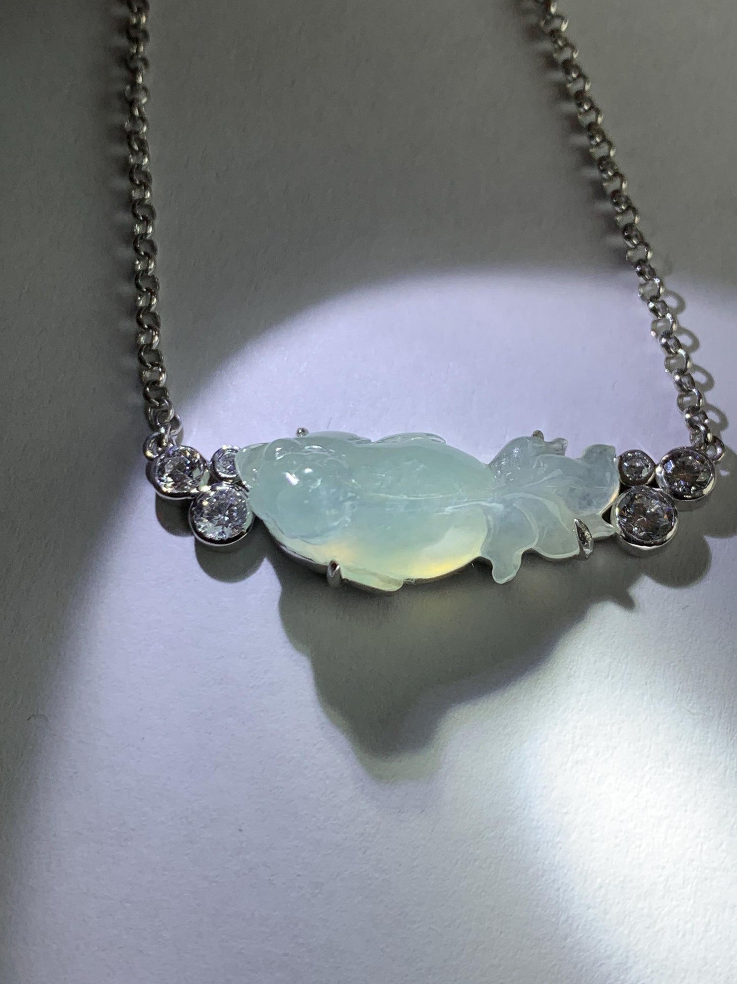 Certified Natural Grade A Icy Translucent Pastel Green Jade Jadeite Goldfish Pendant Necklace Sterling Silver 16"-18” 8g 天然冰胶晴底翡翠金鱼锁骨链 174