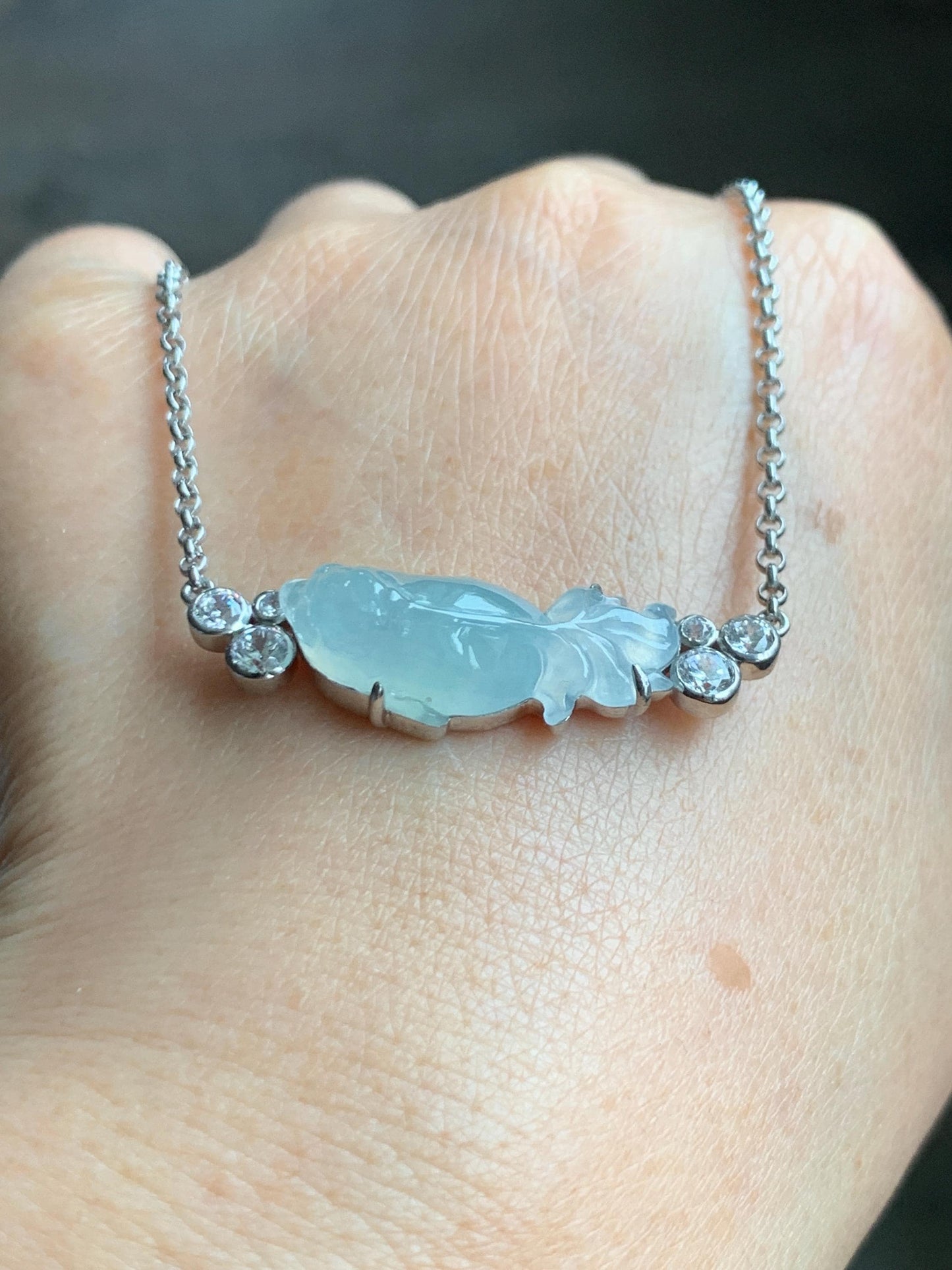Certified Natural Grade A Icy Translucent Pastel Green Jade Jadeite Goldfish Pendant Necklace Sterling Silver 16"-18” 8g 天然冰胶晴底翡翠金鱼锁骨链 174