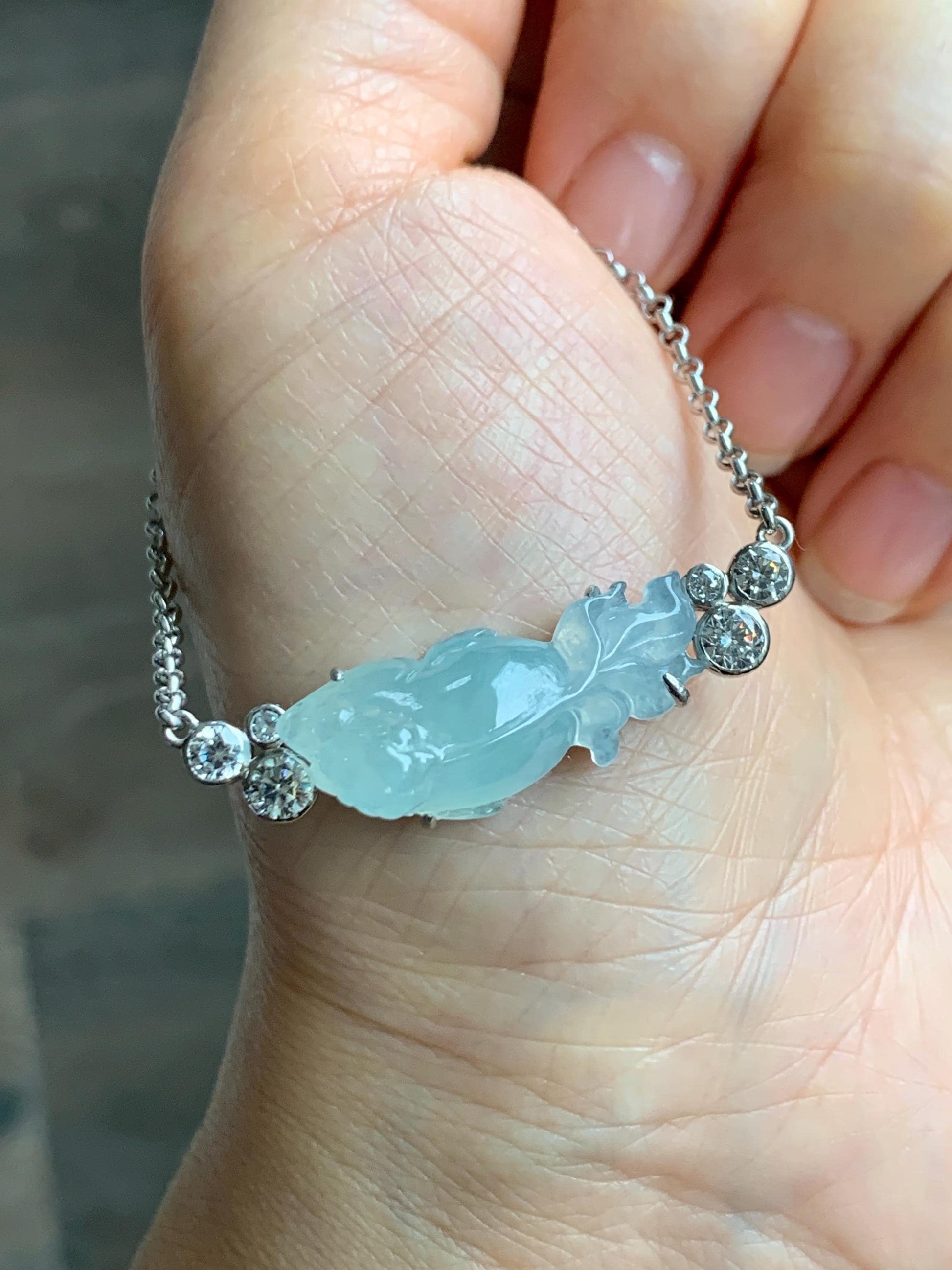 Certified Natural Grade A Icy Translucent Pastel Green Jade Jadeite Goldfish Pendant Necklace Sterling Silver 16"-18” 8g 天然冰胶晴底翡翠金鱼锁骨链 174