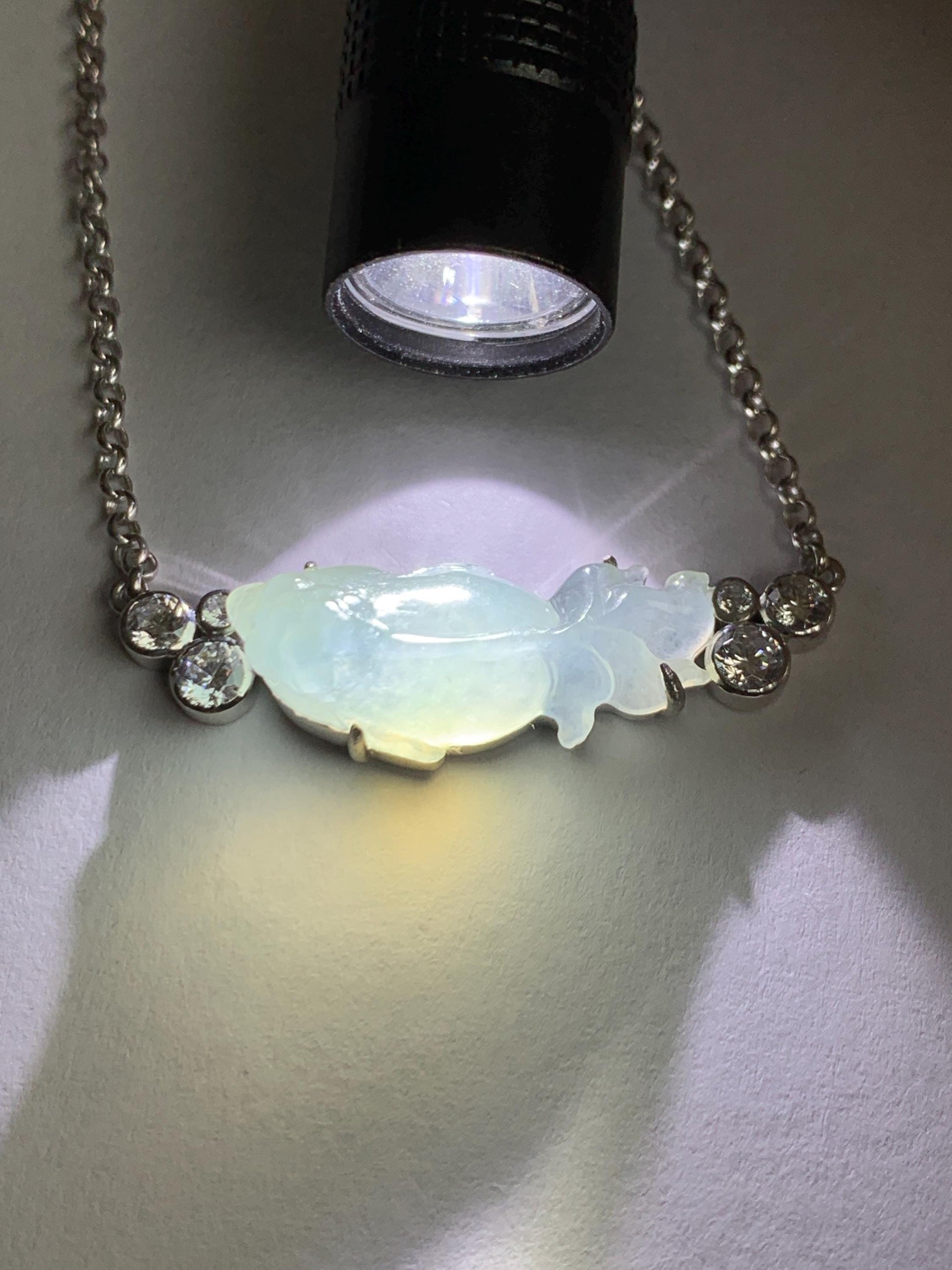 Certified Natural Grade A Icy Translucent Pastel Green Jade Jadeite Goldfish Pendant Necklace Sterling Silver 16"-18” 8g 天然冰胶晴底翡翠金鱼锁骨链 174