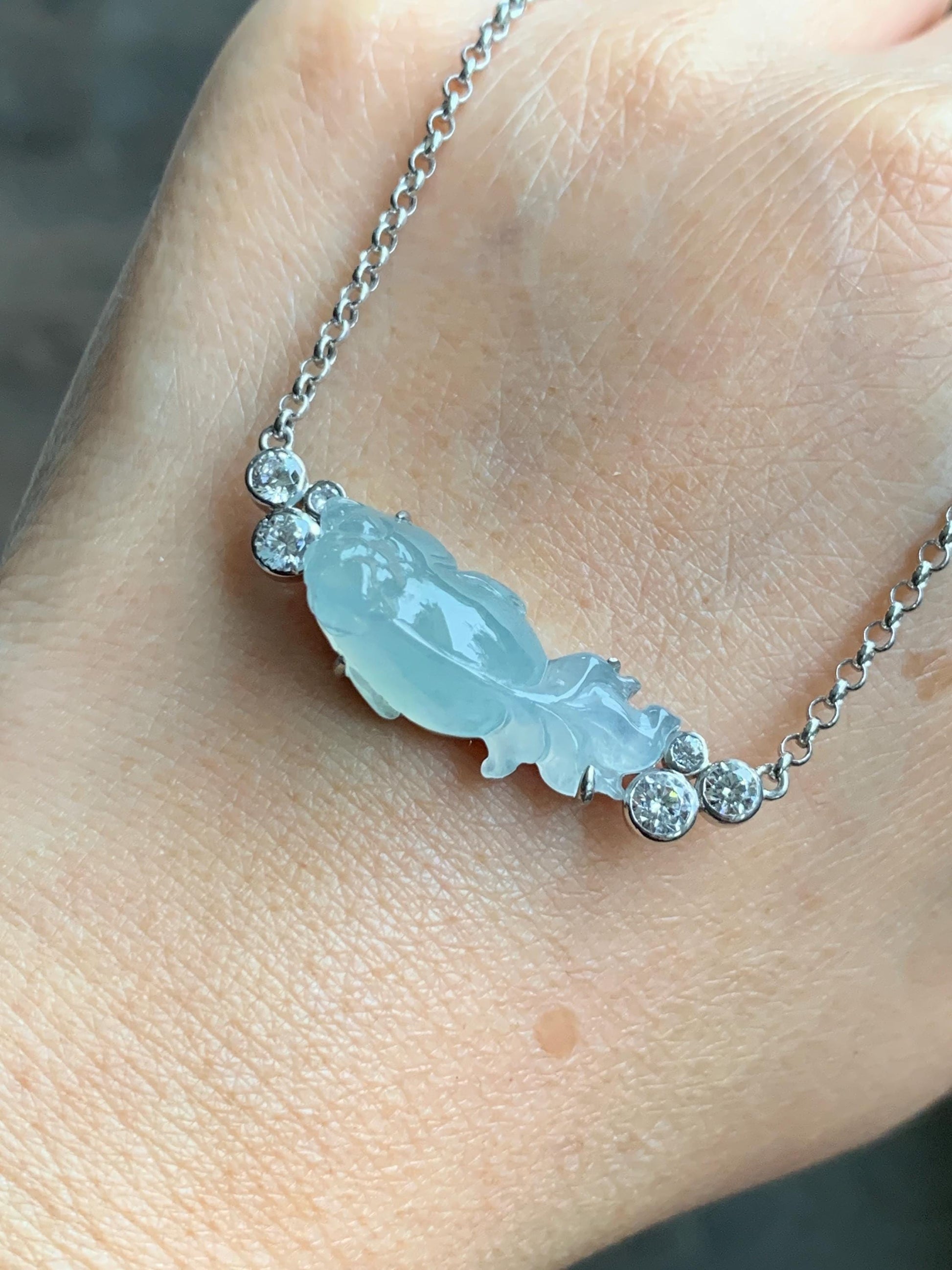 Certified Natural Grade A Icy Translucent Pastel Green Jade Jadeite Goldfish Pendant Necklace Sterling Silver 16"-18” 8g 天然冰胶晴底翡翠金鱼锁骨链 174