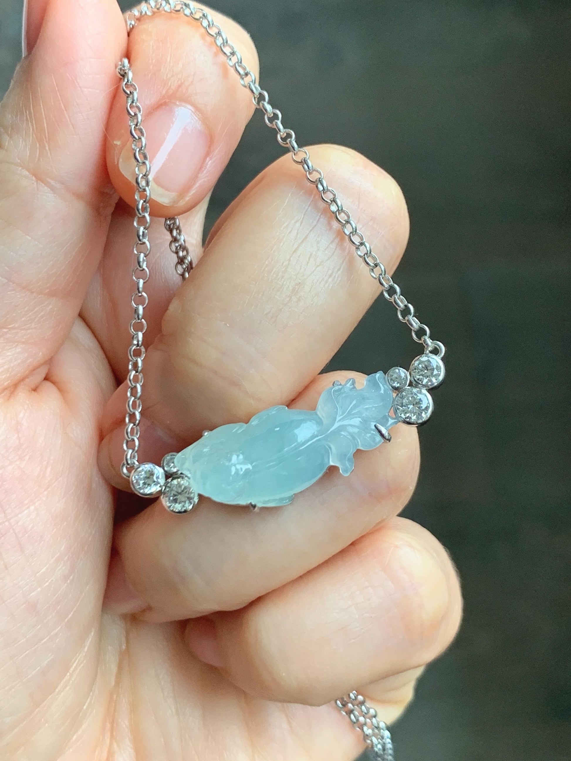 Certified Natural Grade A Icy Translucent Pastel Green Jade Jadeite Goldfish Pendant Necklace Sterling Silver 16"-18” 8g 天然冰胶晴底翡翠金鱼锁骨链 174