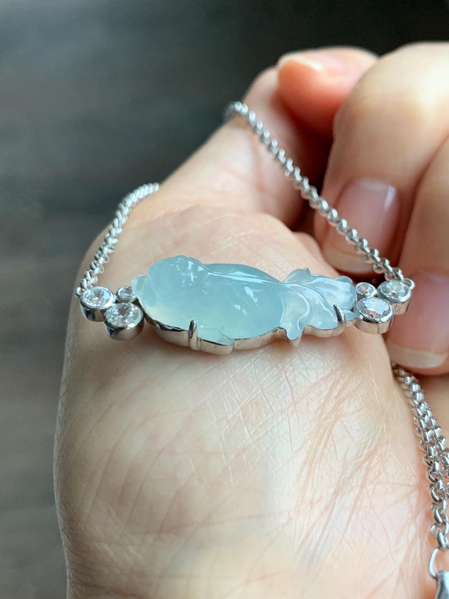 Certified Natural Grade A Icy Translucent Pastel Green Jade Jadeite Goldfish Pendant Necklace Sterling Silver 16"-18” 8g 天然冰胶晴底翡翠金鱼锁骨链 174