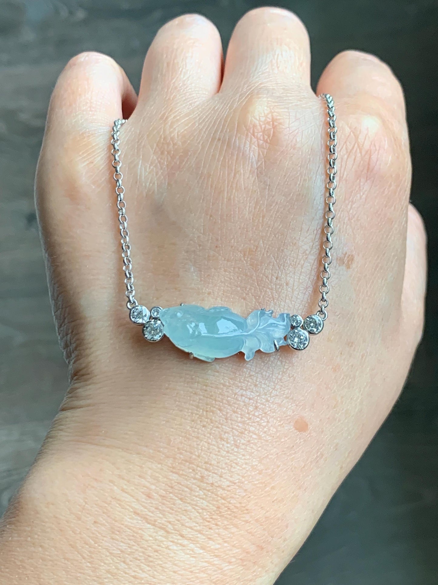 Certified Natural Grade A Icy Translucent Pastel Green Jade Jadeite Goldfish Pendant Necklace Sterling Silver 16"-18” 8g 天然冰胶晴底翡翠金鱼锁骨链 174