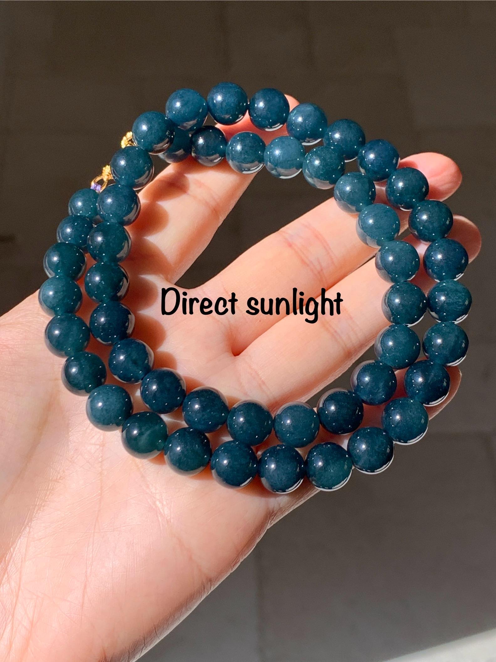 Natural Grade A Guatemalan Icy Translucent Dark Aegean Blue Jade Jadeite Beaded Necklace 19” 79g Sterling Silver 天然冰危深牛仔蓝翡翠大卡圆珠项链 NZL563