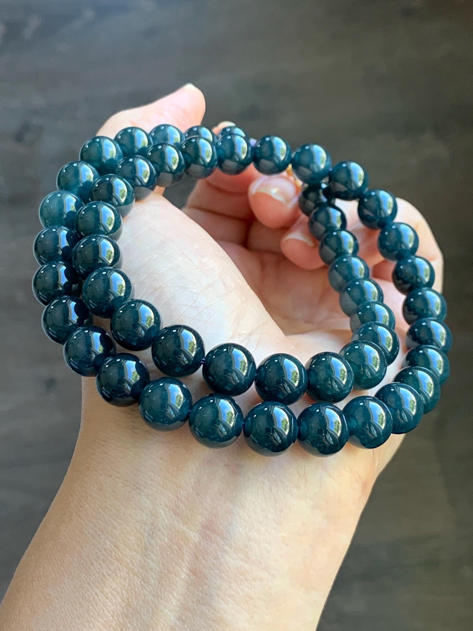 Natural Grade A Guatemalan Icy Translucent Dark Aegean Blue Jade Jadeite Beaded Necklace 19” 79g Sterling Silver 天然冰危深牛仔蓝翡翠大卡圆珠项链 NZL563