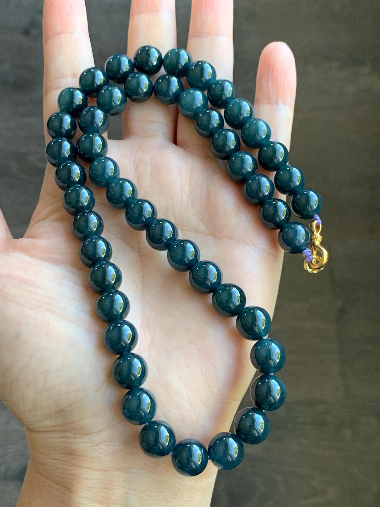 Natural Grade A Guatemalan Icy Translucent Dark Aegean Blue Jade Jadeite Beaded Necklace 19” 79g Sterling Silver 天然冰危深牛仔蓝翡翠大卡圆珠项链 NZL563