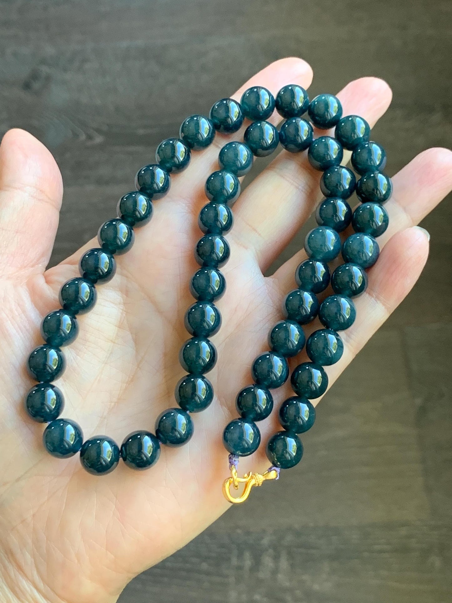 Natural Grade A Guatemalan Icy Translucent Dark Aegean Blue Jade Jadeite Beaded Necklace 19” 79g Sterling Silver 天然冰危深牛仔蓝翡翠大卡圆珠项链 NZL563