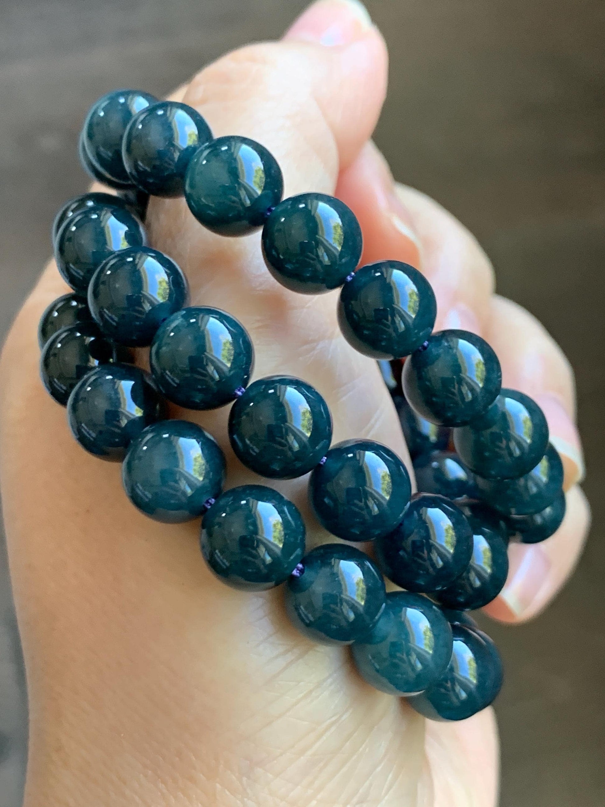 Natural Grade A Guatemalan Icy Translucent Dark Aegean Blue Jade Jadeite Beaded Necklace 19” 79g Sterling Silver 天然冰危深牛仔蓝翡翠大卡圆珠项链 NZL563