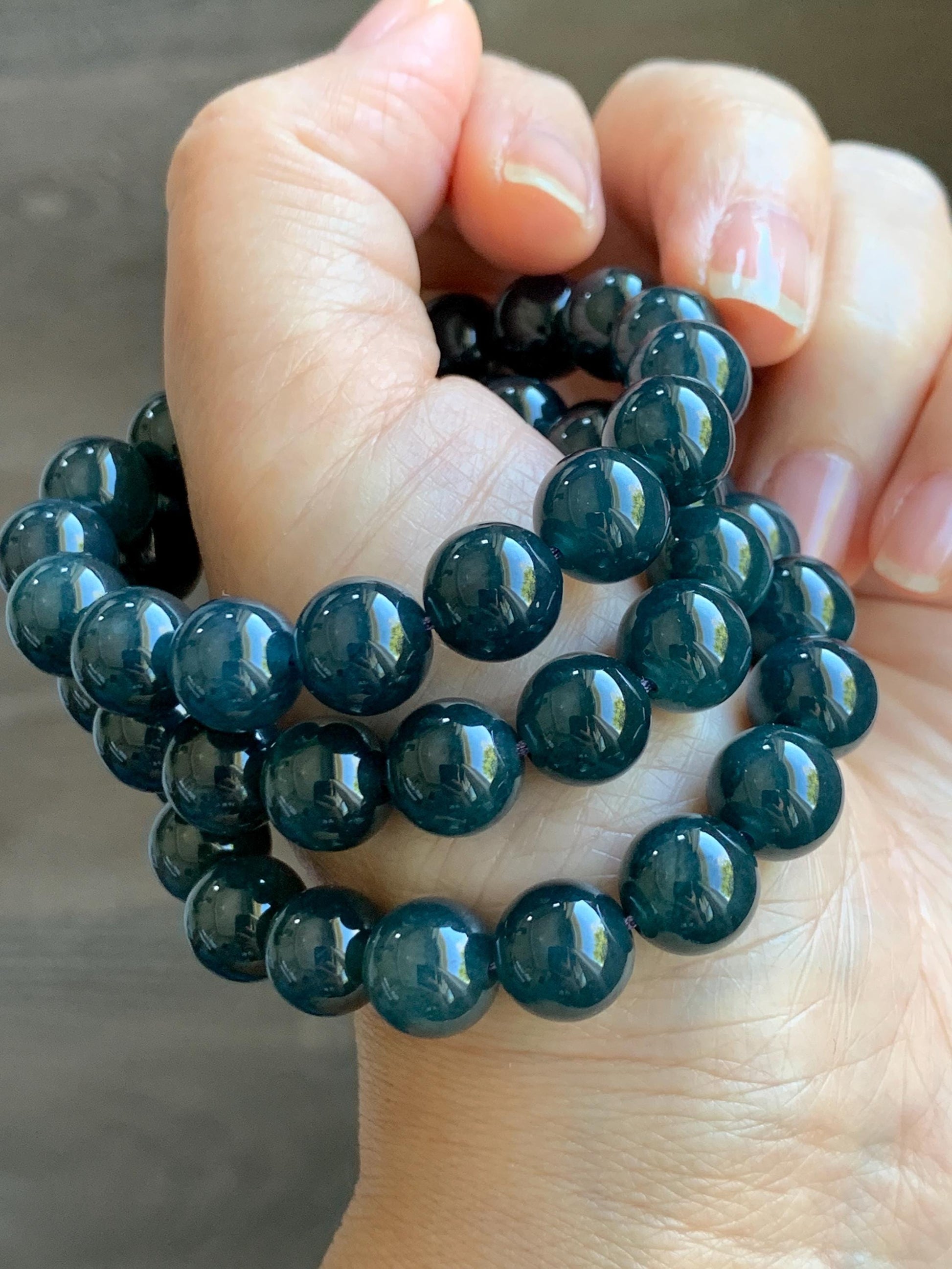 Natural Grade A Guatemalan Icy Translucent Dark Aegean Blue Jade Jadeite Beaded Necklace 19” 79g Sterling Silver 天然冰危深牛仔蓝翡翠大卡圆珠项链 NZL563