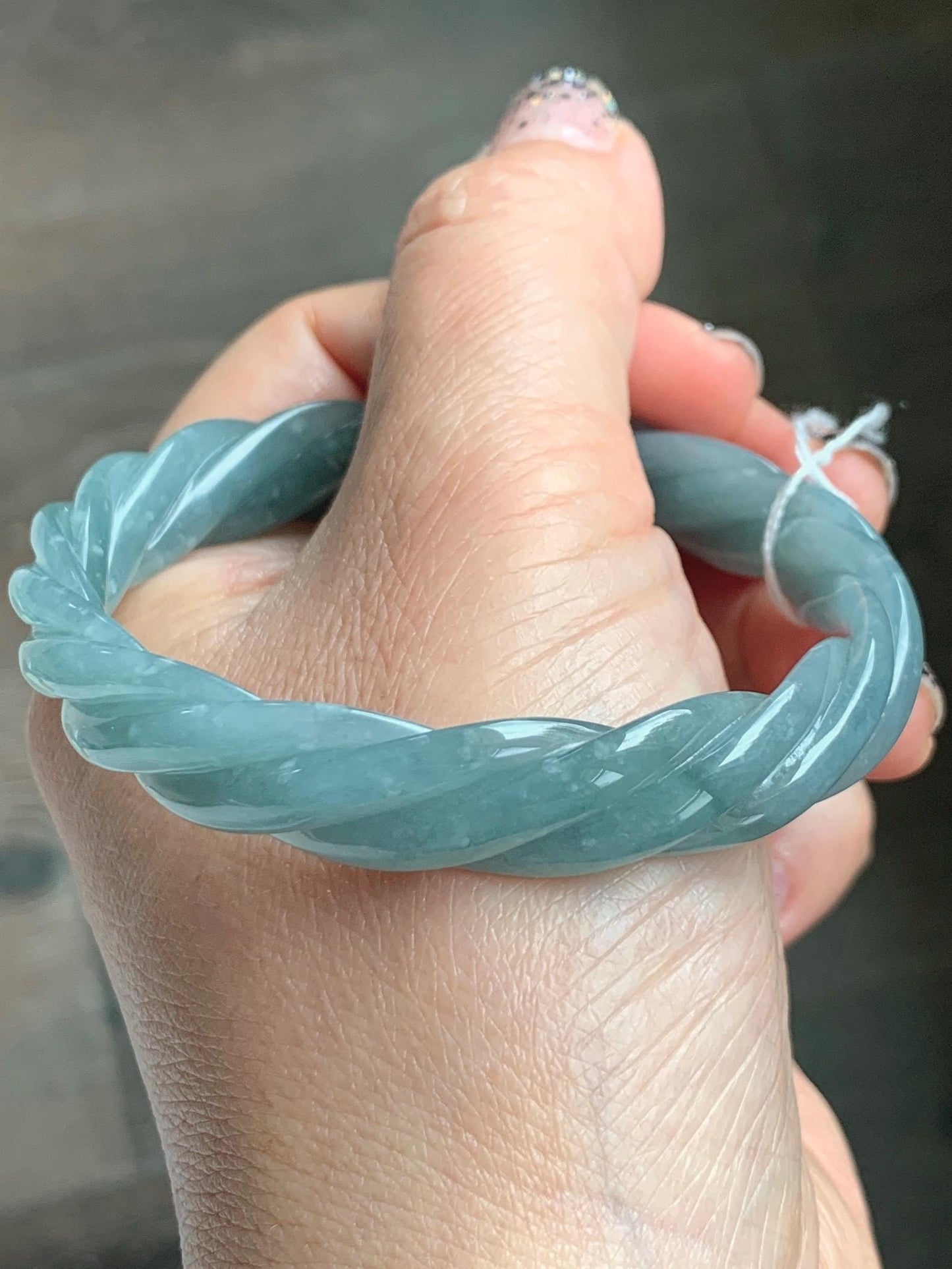 Certified Natural Grade A Guatemalan Icy Translucent Dusty Teal Blue Jade Jadeite Carved Braid Oval Bangle 50x55mm 28g 天然冰危暗蓝翡翠麻花贵妃手镯 082