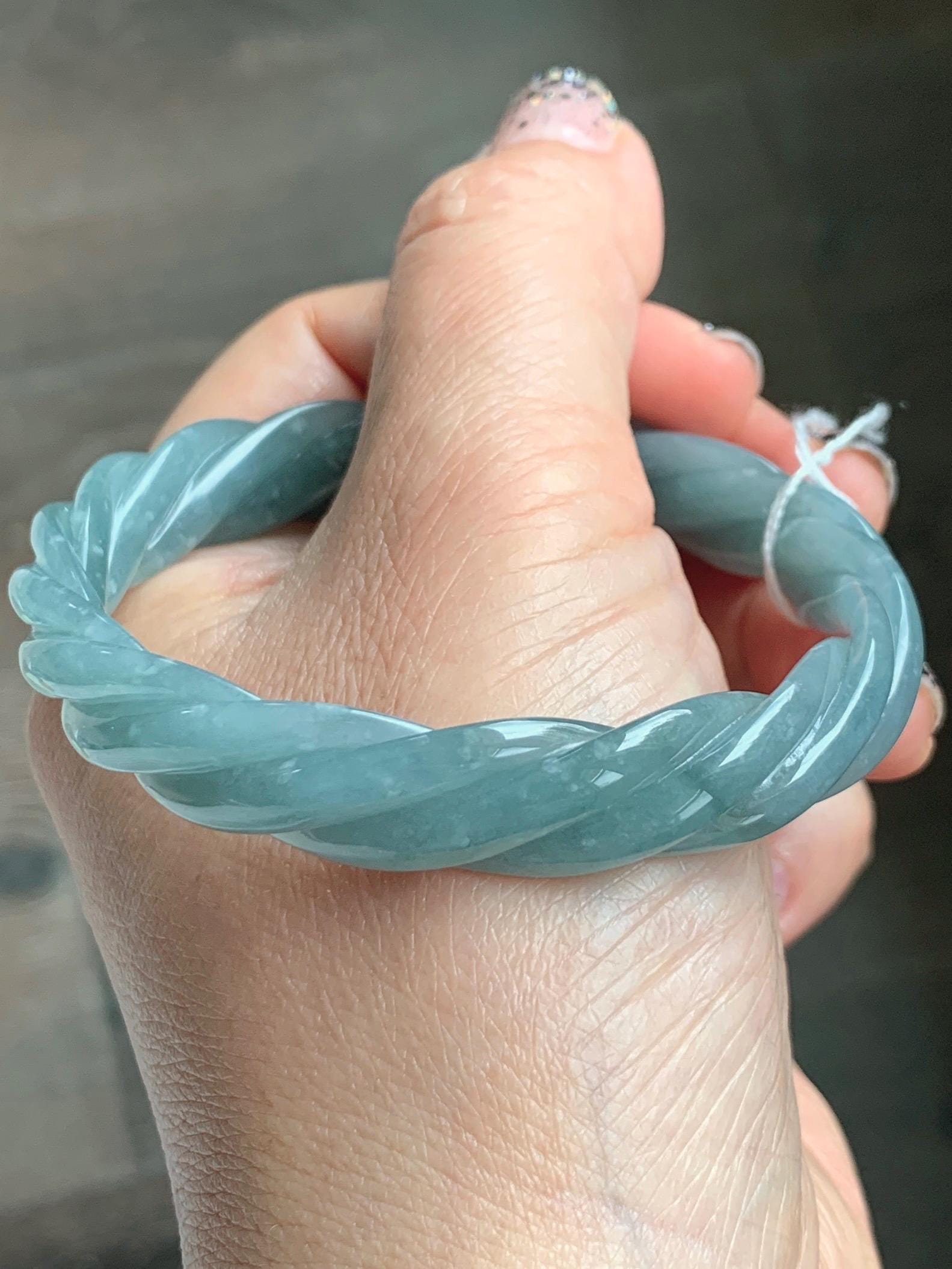 Certified Natural Grade A Guatemalan Icy Translucent Dusty Teal Blue Jade Jadeite Carved Braid Oval Bangle 50x55mm 28g 天然冰危暗蓝翡翠麻花贵妃手镯 082