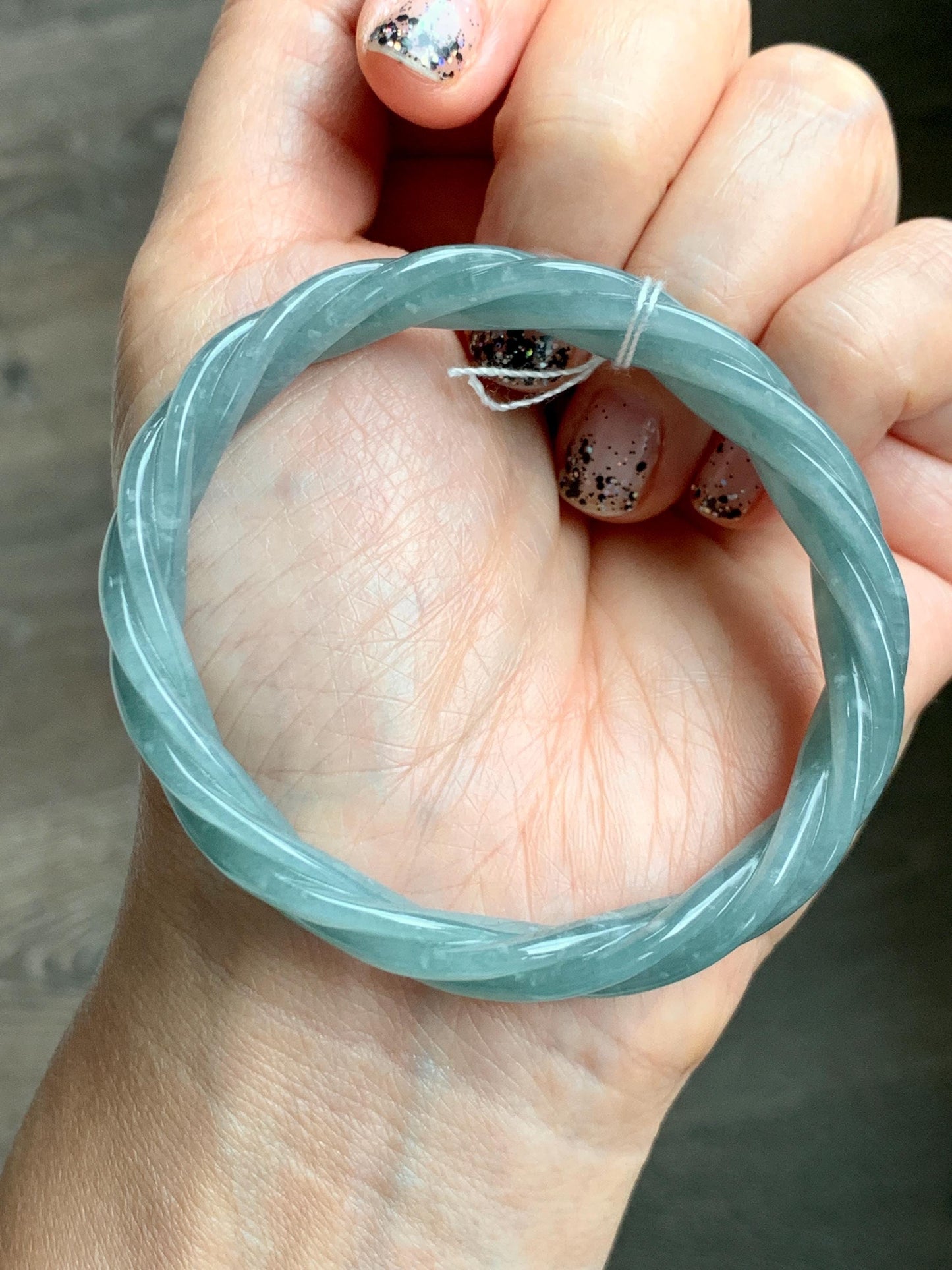 Certified Natural Grade A Guatemalan Icy Translucent Dusty Teal Blue Jade Jadeite Carved Braid Oval Bangle 50x55mm 28g 天然冰危暗蓝翡翠麻花贵妃手镯 082