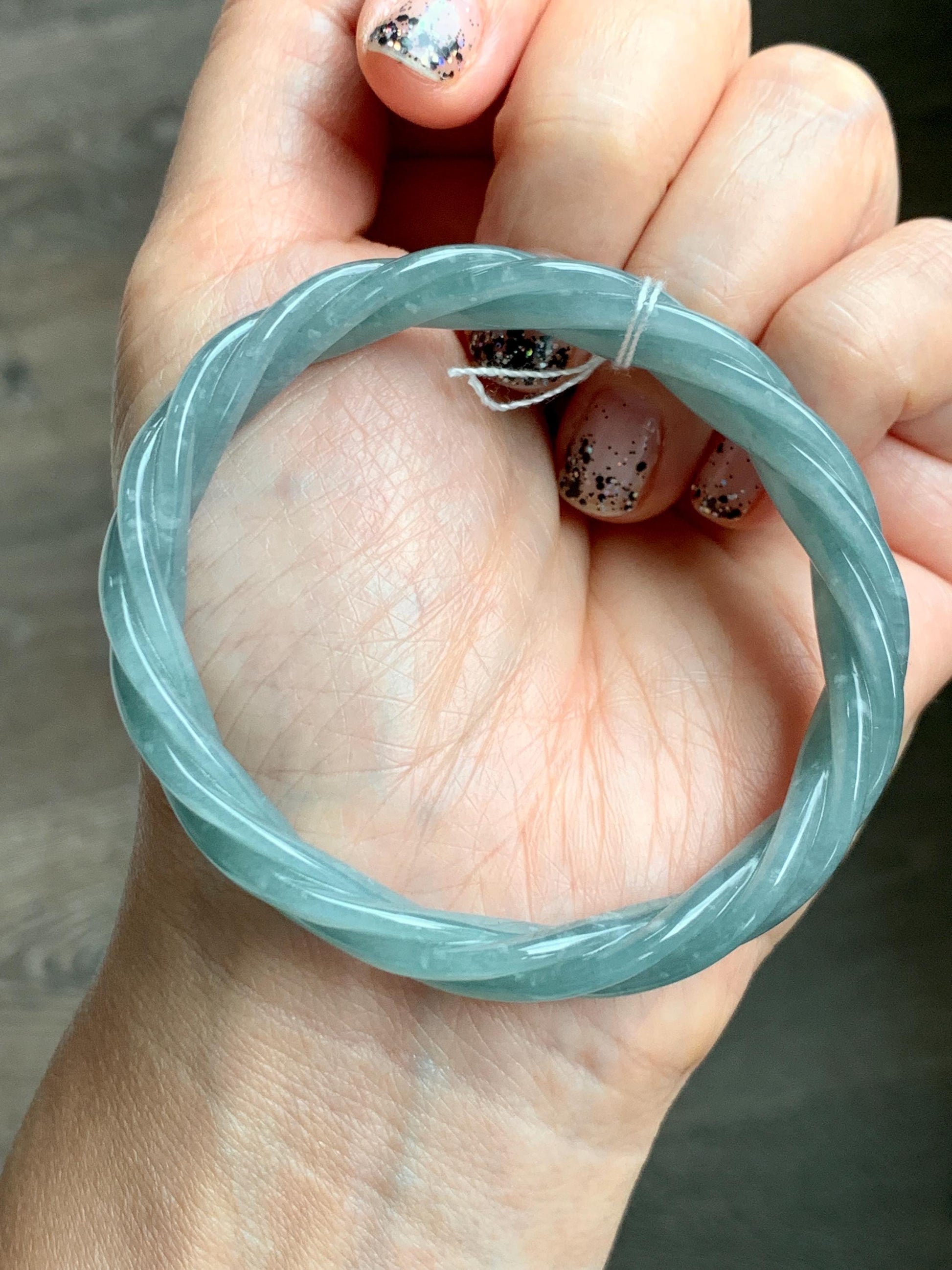 Certified Natural Grade A Guatemalan Icy Translucent Dusty Teal Blue Jade Jadeite Carved Braid Oval Bangle 50x55mm 28g 天然冰危暗蓝翡翠麻花贵妃手镯 082