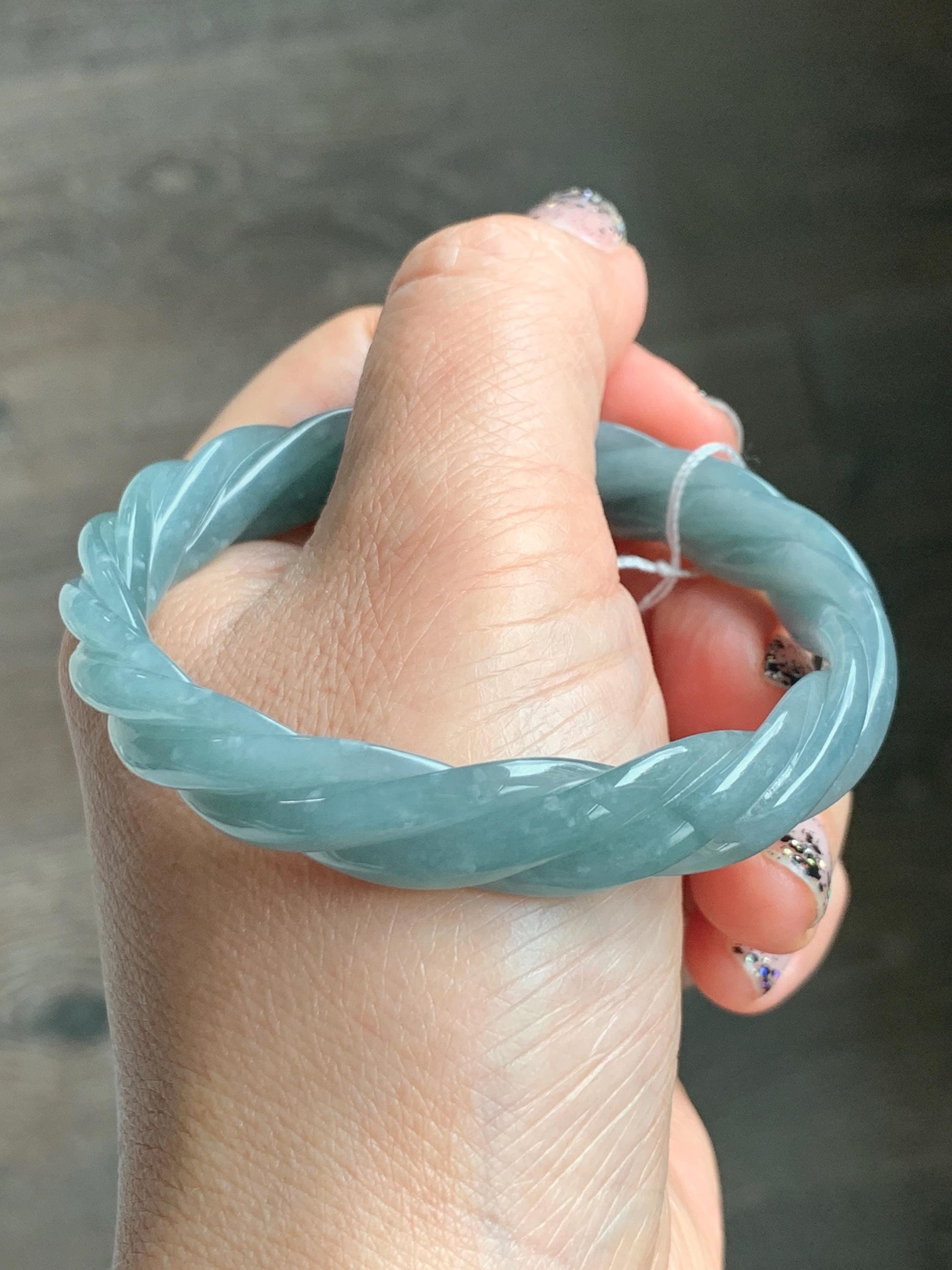 Certified Natural Grade A Guatemalan Icy Translucent Dusty Teal Blue Jade Jadeite Carved Braid Oval Bangle 50x55mm 28g 天然冰危暗蓝翡翠麻花贵妃手镯 082