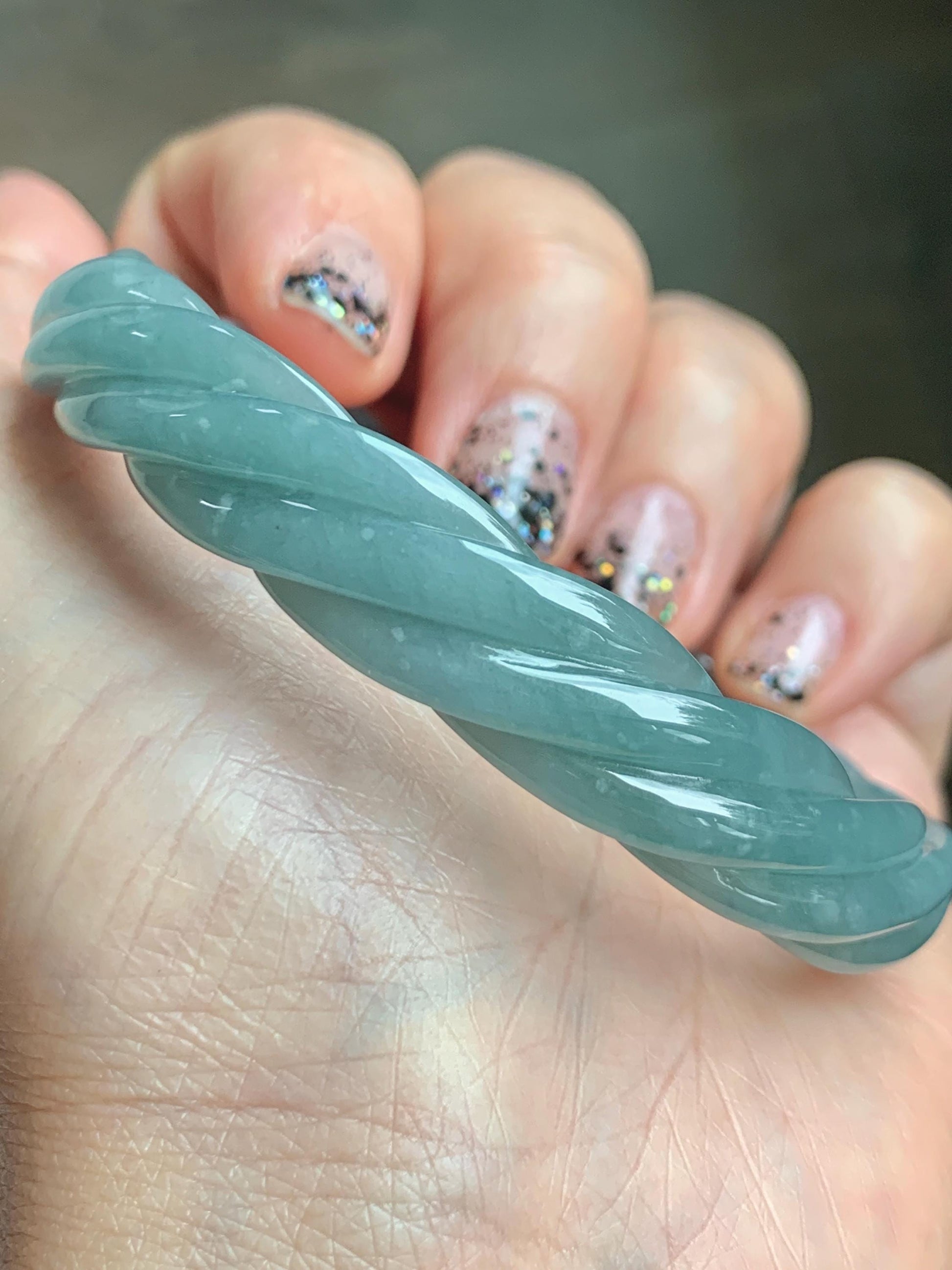 Certified Natural Grade A Guatemalan Icy Translucent Dusty Teal Blue Jade Jadeite Carved Braid Oval Bangle 50x55mm 28g 天然冰危暗蓝翡翠麻花贵妃手镯 082