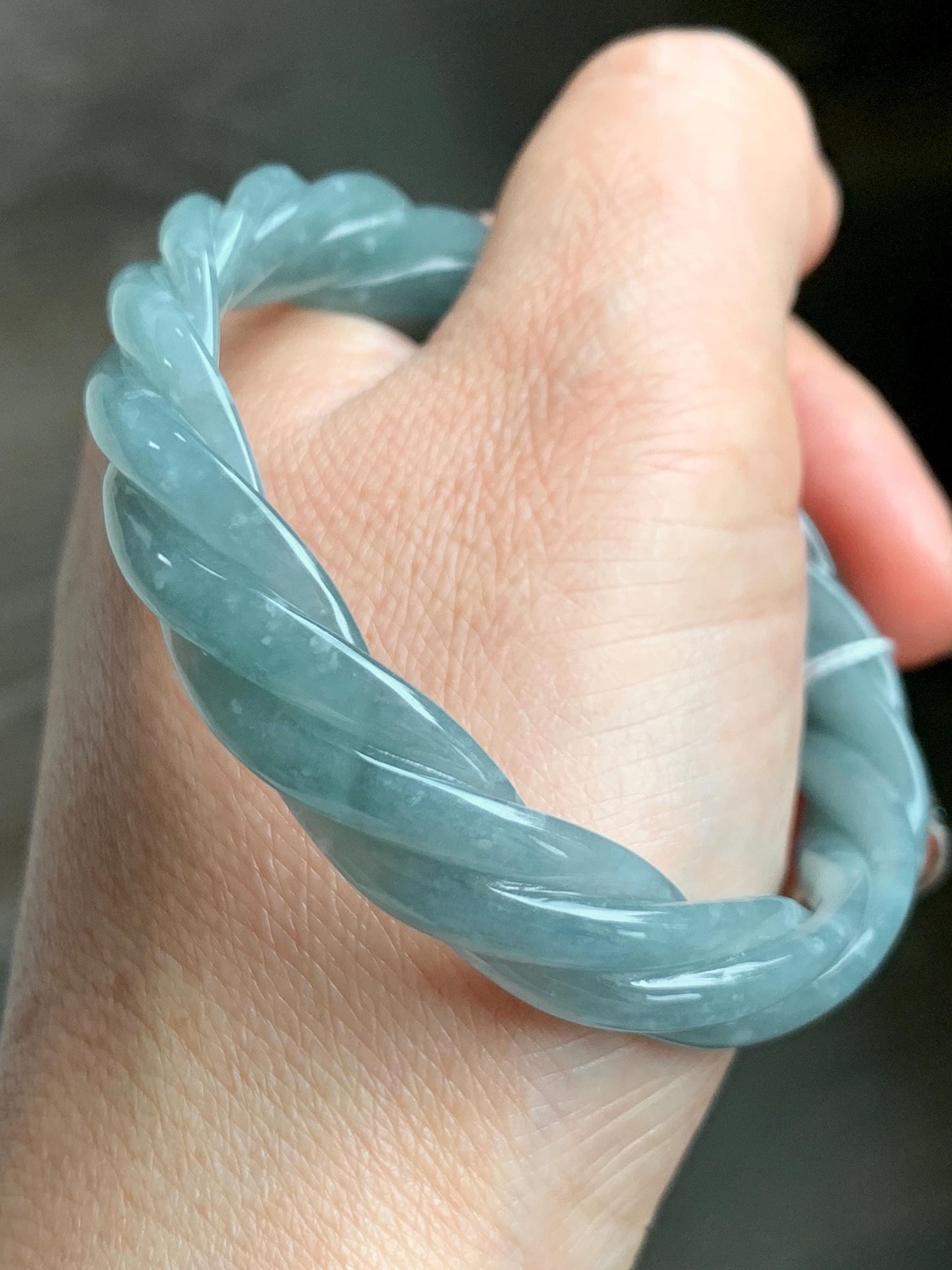 Certified Natural Grade A Guatemalan Icy Translucent Dusty Teal Blue Jade Jadeite Carved Braid Oval Bangle 50x55mm 28g 天然冰危暗蓝翡翠麻花贵妃手镯 082