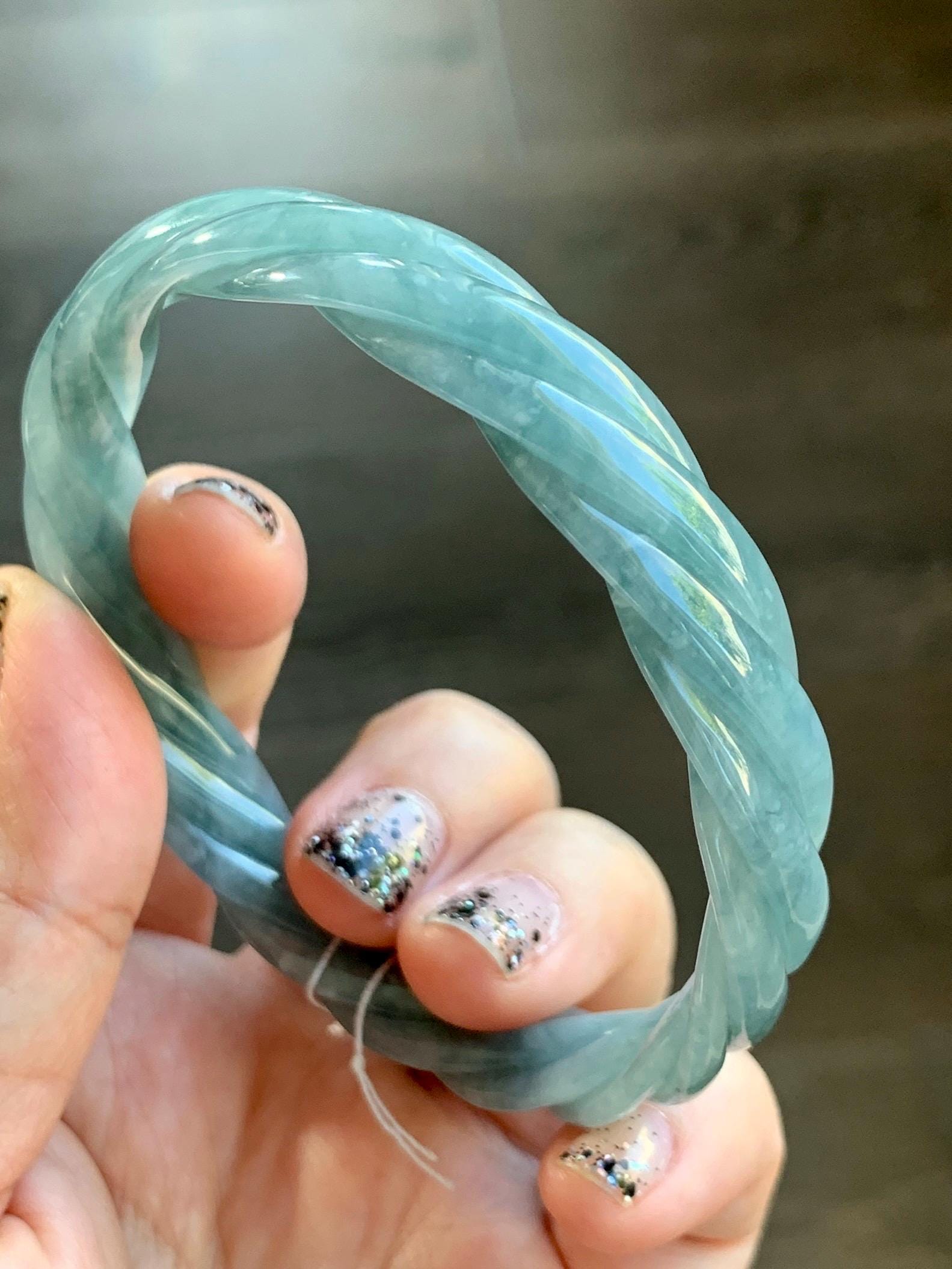 Certified Natural Grade A Guatemalan Icy Translucent Dark Dusty Blue Jade Jadeite Carved Braid Bangle 62mm 7.66” 33g 天然冰危暗蓝翡翠麻花手镯 084