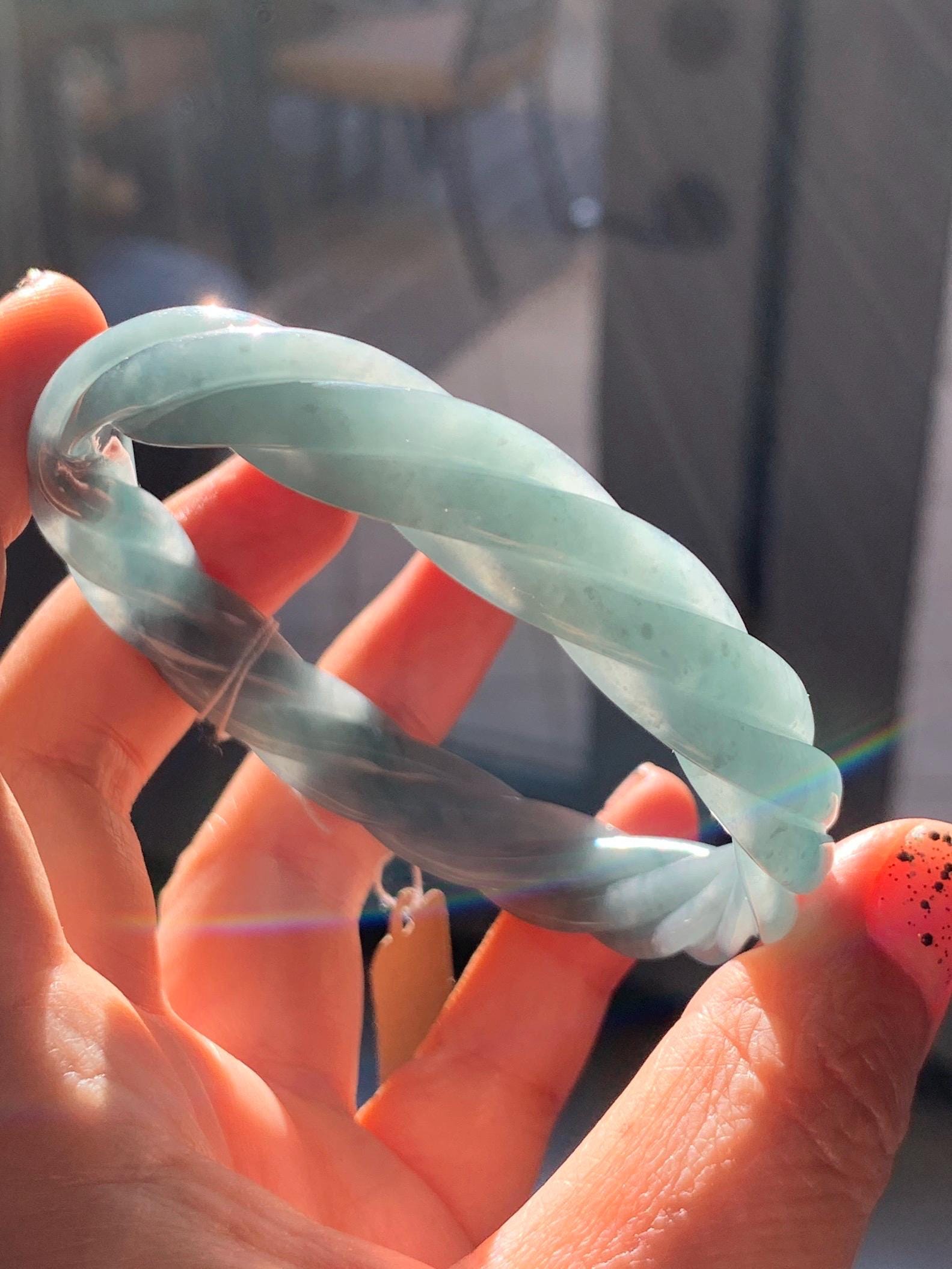 Certified Natural Grade A Guatemalan Icy Translucent Dark Dusty Blue Jade Jadeite Carved Braid Bangle 62mm 7.66” 33g 天然冰危暗蓝翡翠麻花手镯 084