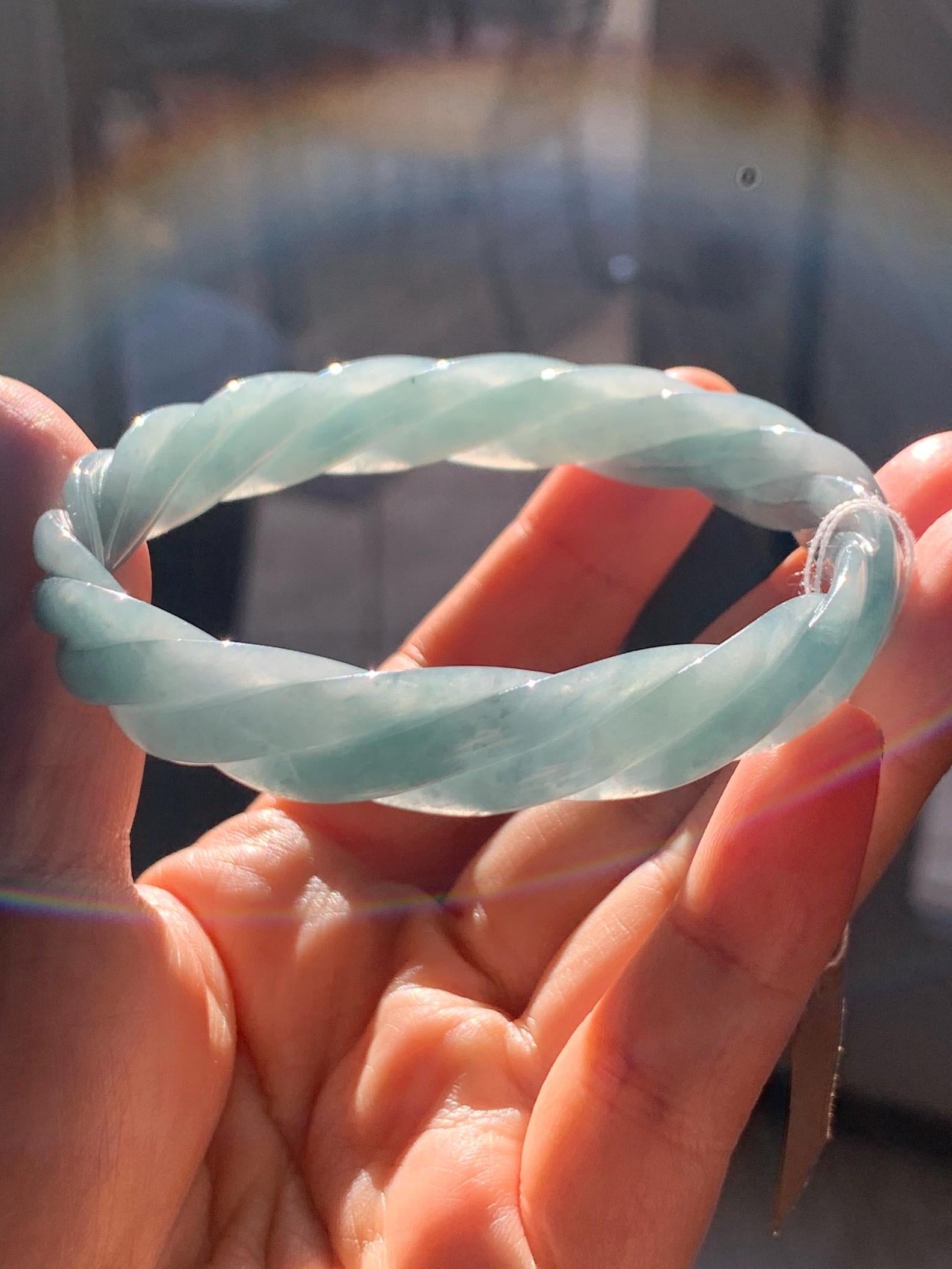 Certified Natural Grade A Guatemalan Icy Translucent Dark Dusty Blue Jade Jadeite Carved Braid Bangle 62mm 7.66” 33g 天然冰危暗蓝翡翠麻花手镯 084