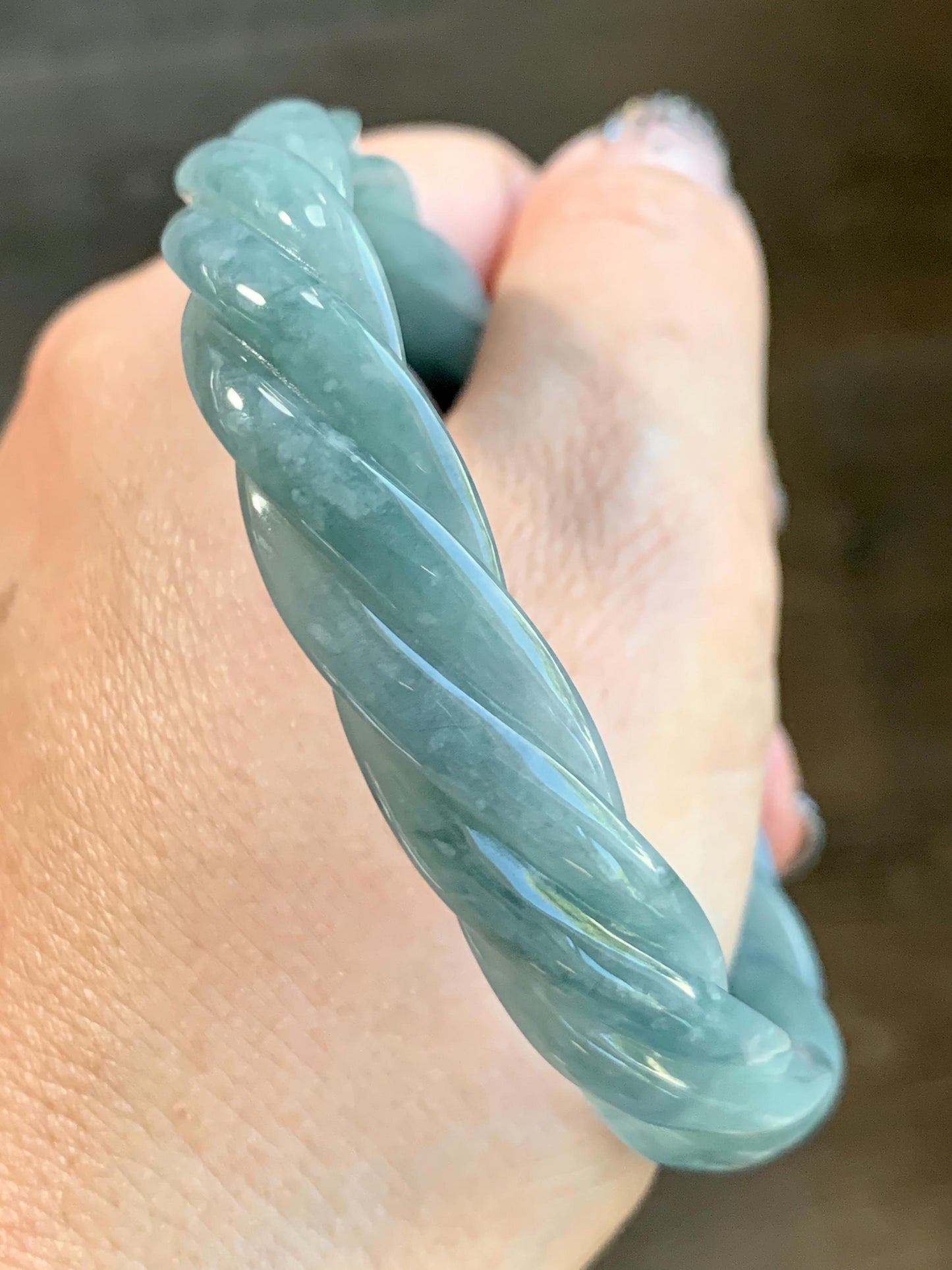 Certified Natural Grade A Guatemalan Icy Translucent Dark Dusty Blue Jade Jadeite Carved Braid Bangle 62mm 7.66” 33g 天然冰危暗蓝翡翠麻花手镯 084