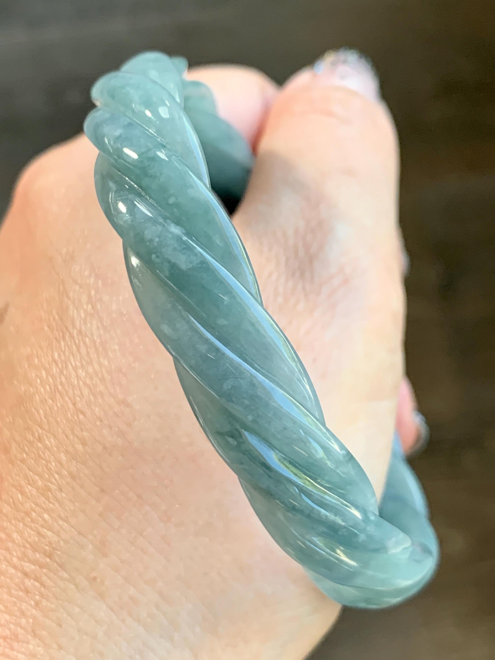 Certified Natural Grade A Guatemalan Icy Translucent Dark Dusty Blue Jade Jadeite Carved Braid Bangle 62mm 7.66” 33g 天然冰危暗蓝翡翠麻花手镯 084