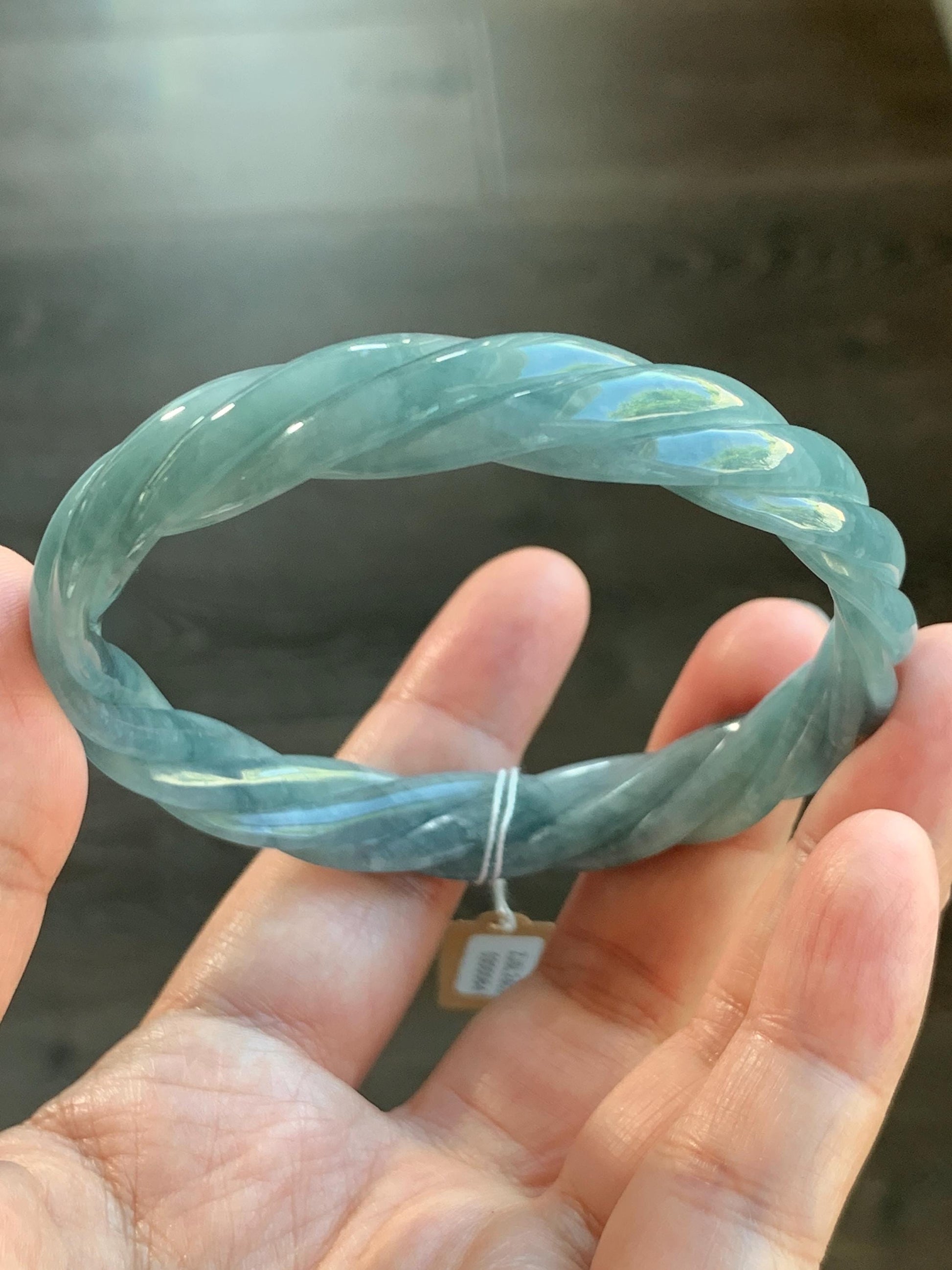 Certified Natural Grade A Guatemalan Icy Translucent Dark Dusty Blue Jade Jadeite Carved Braid Bangle 62mm 7.66” 33g 天然冰危暗蓝翡翠麻花手镯 084