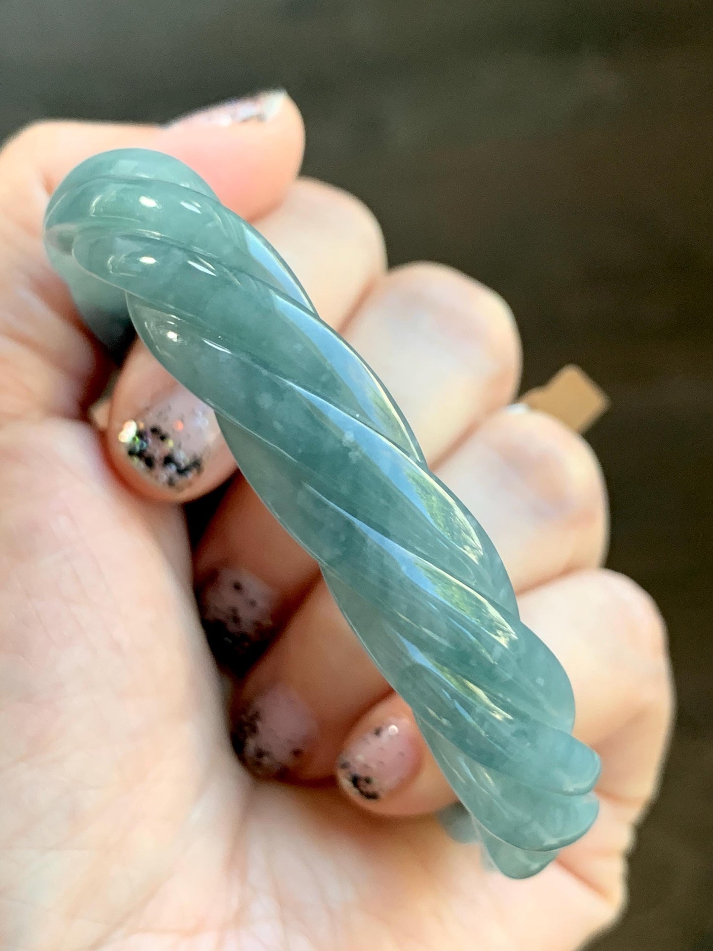 Certified Natural Grade A Guatemalan Icy Translucent Dark Dusty Blue Jade Jadeite Carved Braid Bangle 62mm 7.66” 33g 天然冰危暗蓝翡翠麻花手镯 084