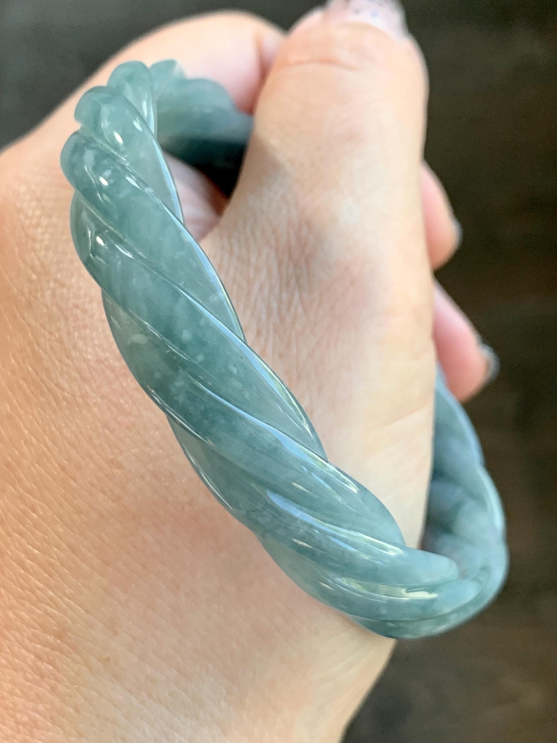 Certified Natural Grade A Guatemalan Icy Translucent Dark Dusty Blue Jade Jadeite Carved Braid Bangle 62mm 7.66” 33g 天然冰危暗蓝翡翠麻花手镯 084