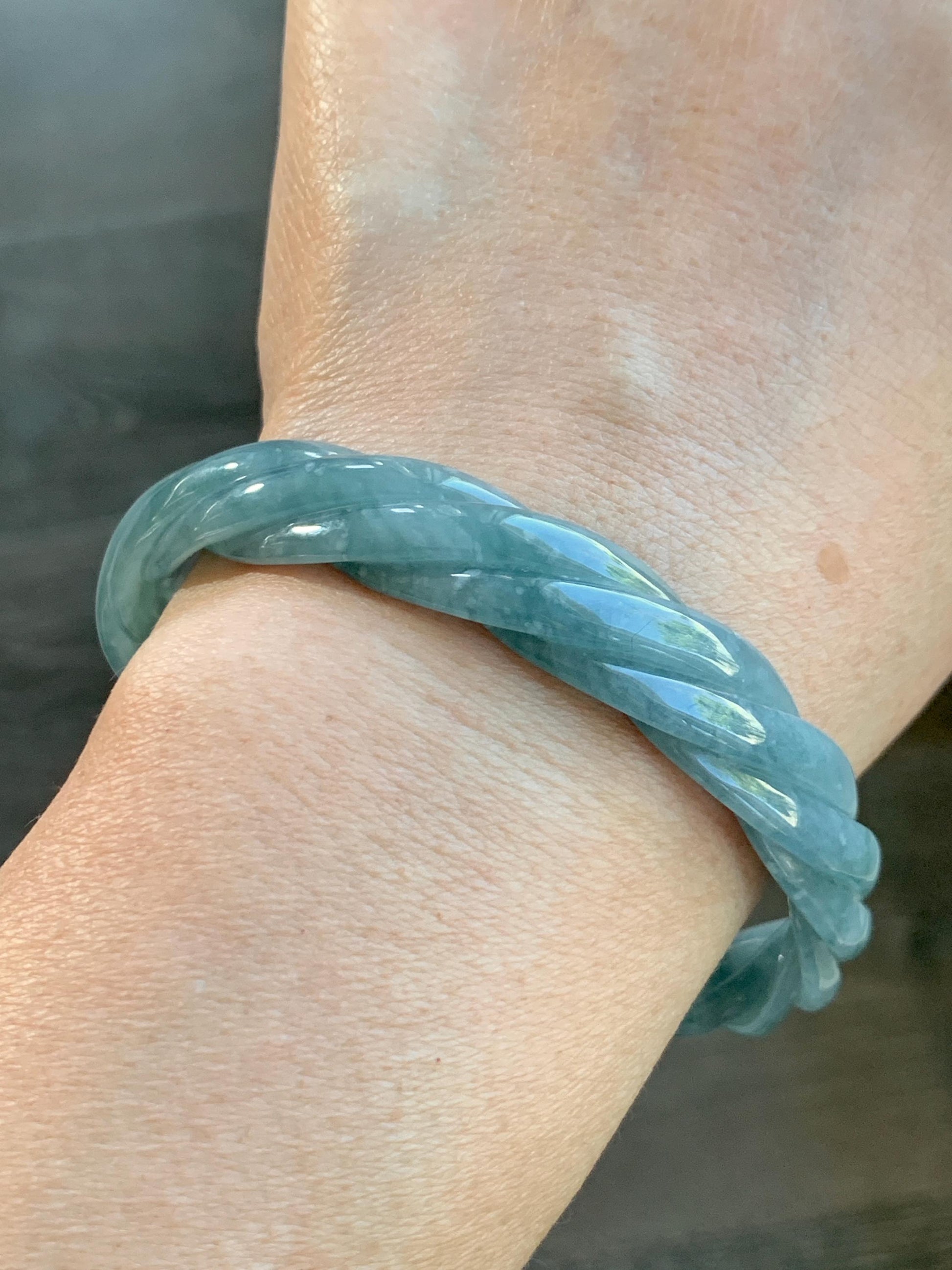 Certified Natural Grade A Guatemalan Icy Translucent Dark Dusty Blue Jade Jadeite Carved Braid Bangle 62mm 7.66” 33g 天然冰危暗蓝翡翠麻花手镯 084